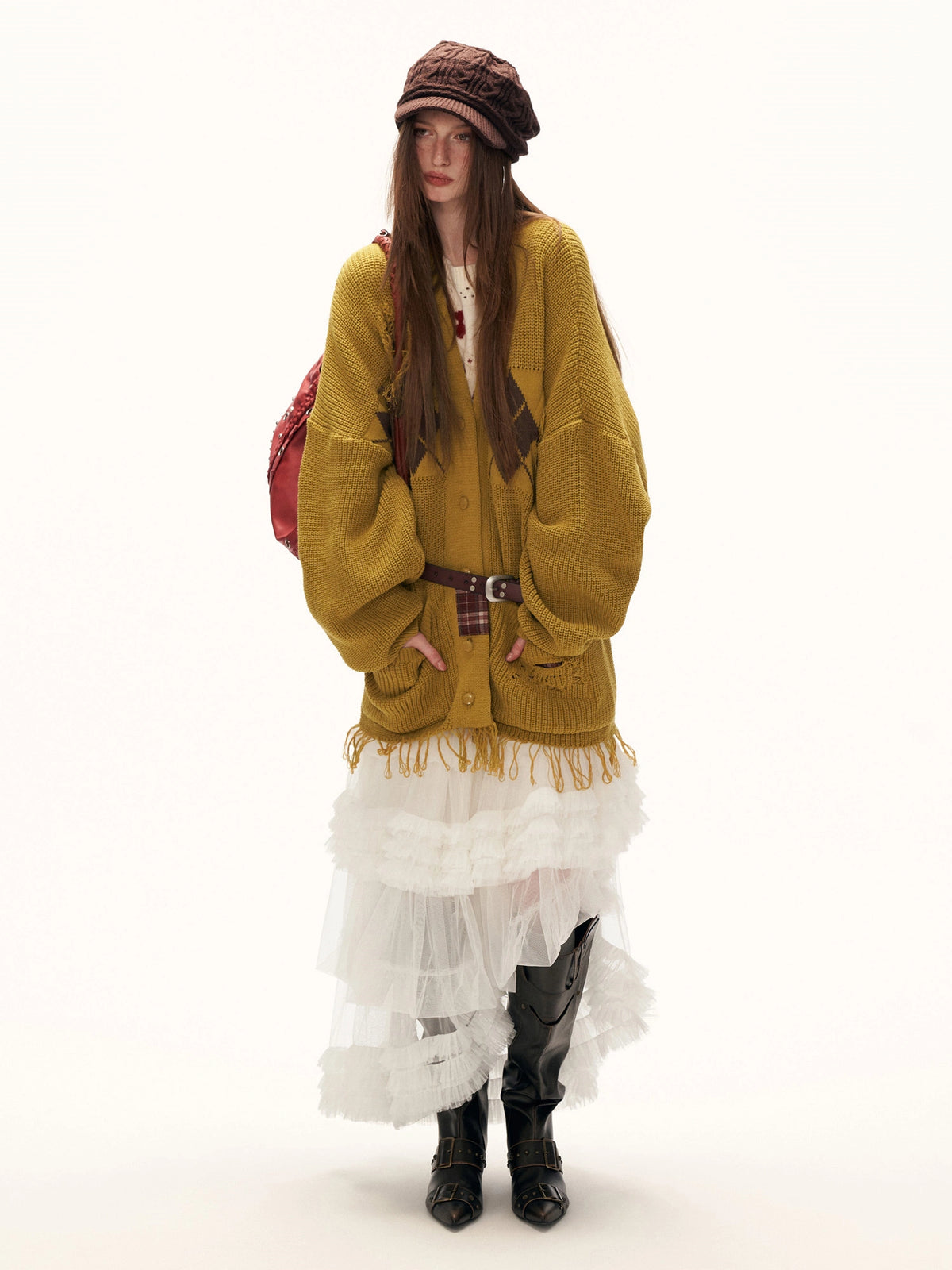 MAMC Argyle Intarsia Fringe-Hem Knit Cardigan | Canton Collective