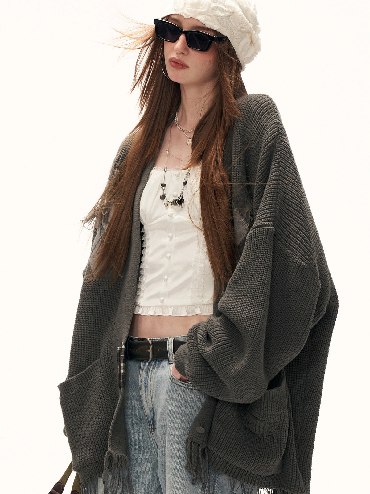 MAMC Argyle Intarsia Fringe-Hem Knit Cardigan | Canton Collective