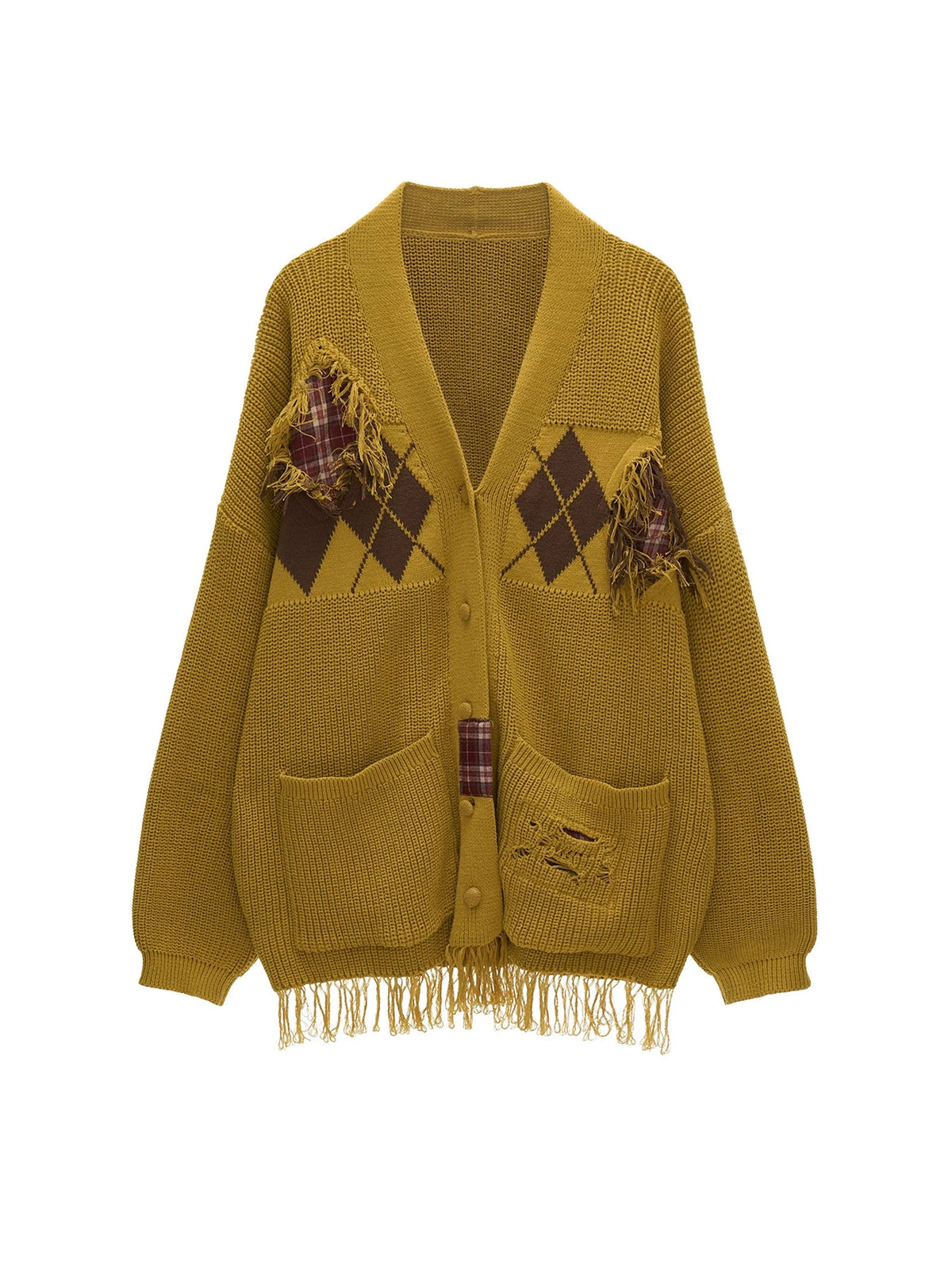 MAMC Argyle Intarsia Fringe-Hem Knit Cardigan | Canton Collective