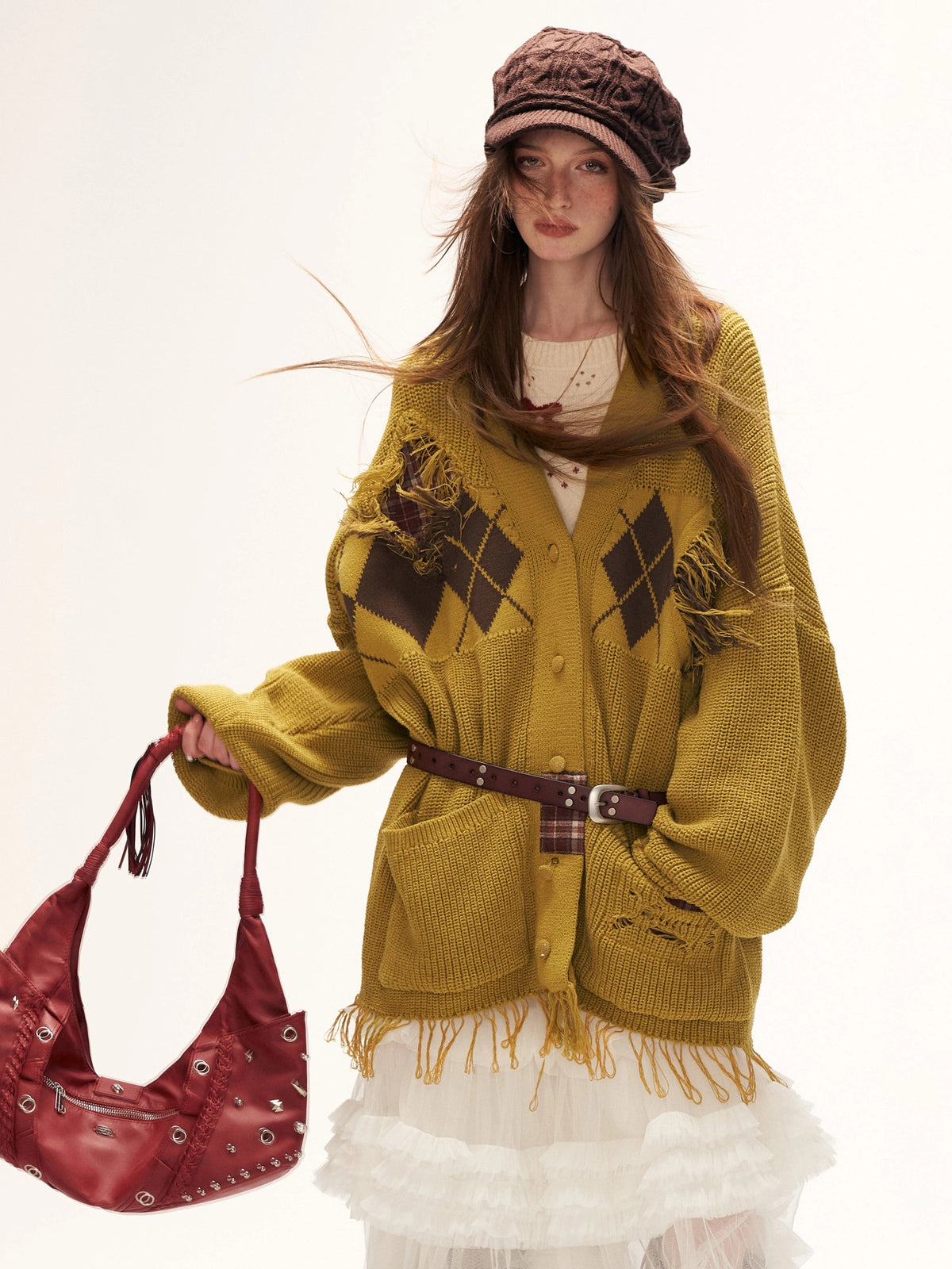 MAMC Argyle Intarsia Fringe-Hem Knit Cardigan | Canton Collective