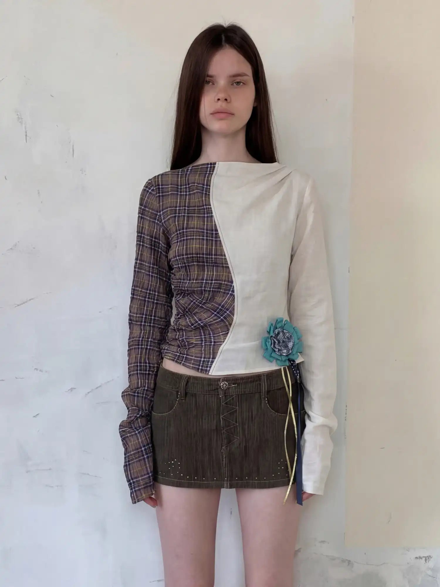 CantonCollective Design Asymmetric Deconstructed Plaid Patchwork Top With Ruched Sleeve | Canton Collective