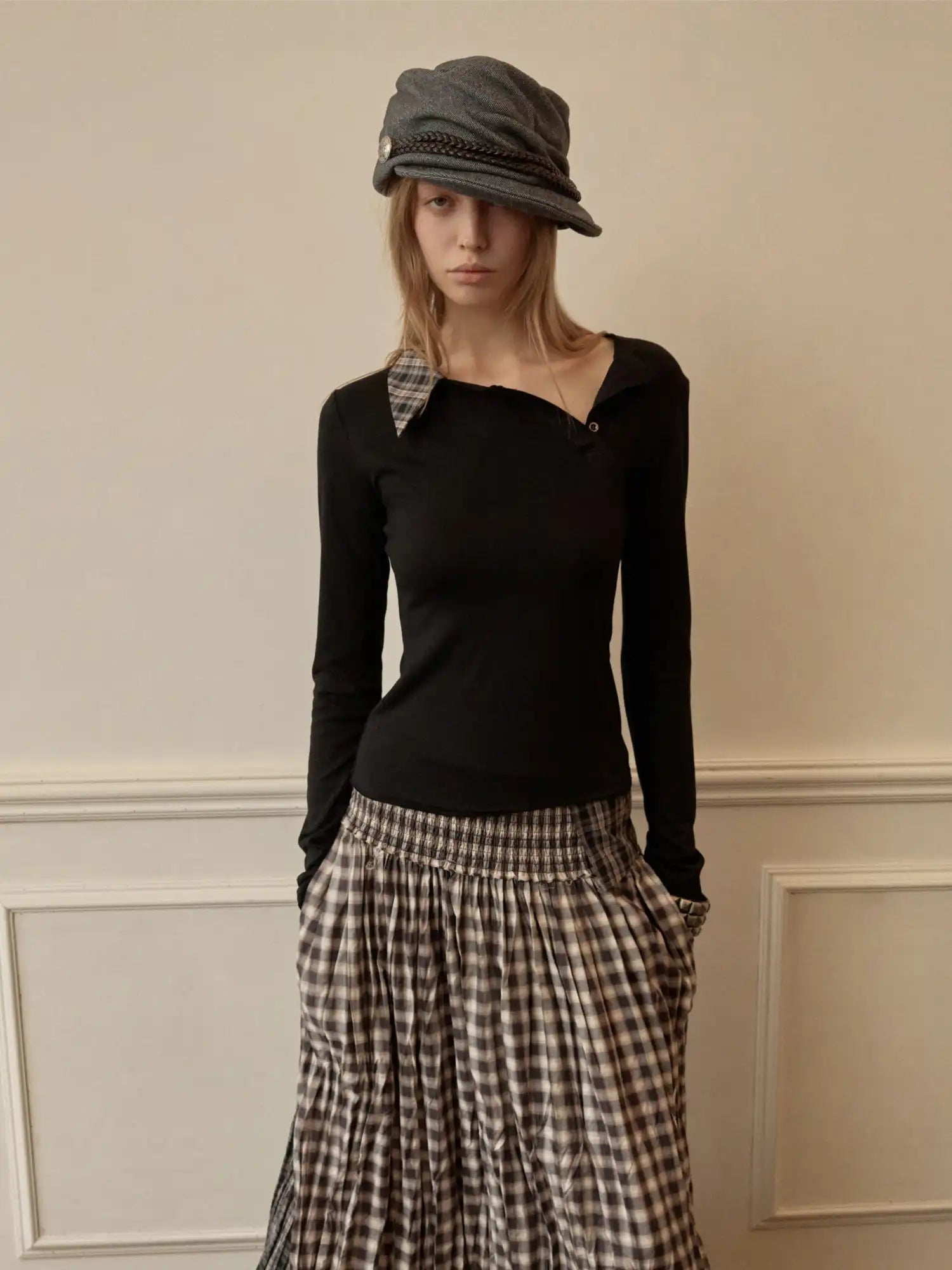 1Jinn Studio Asymmetric Panel Henley Top With Check Tee | Canton Collective