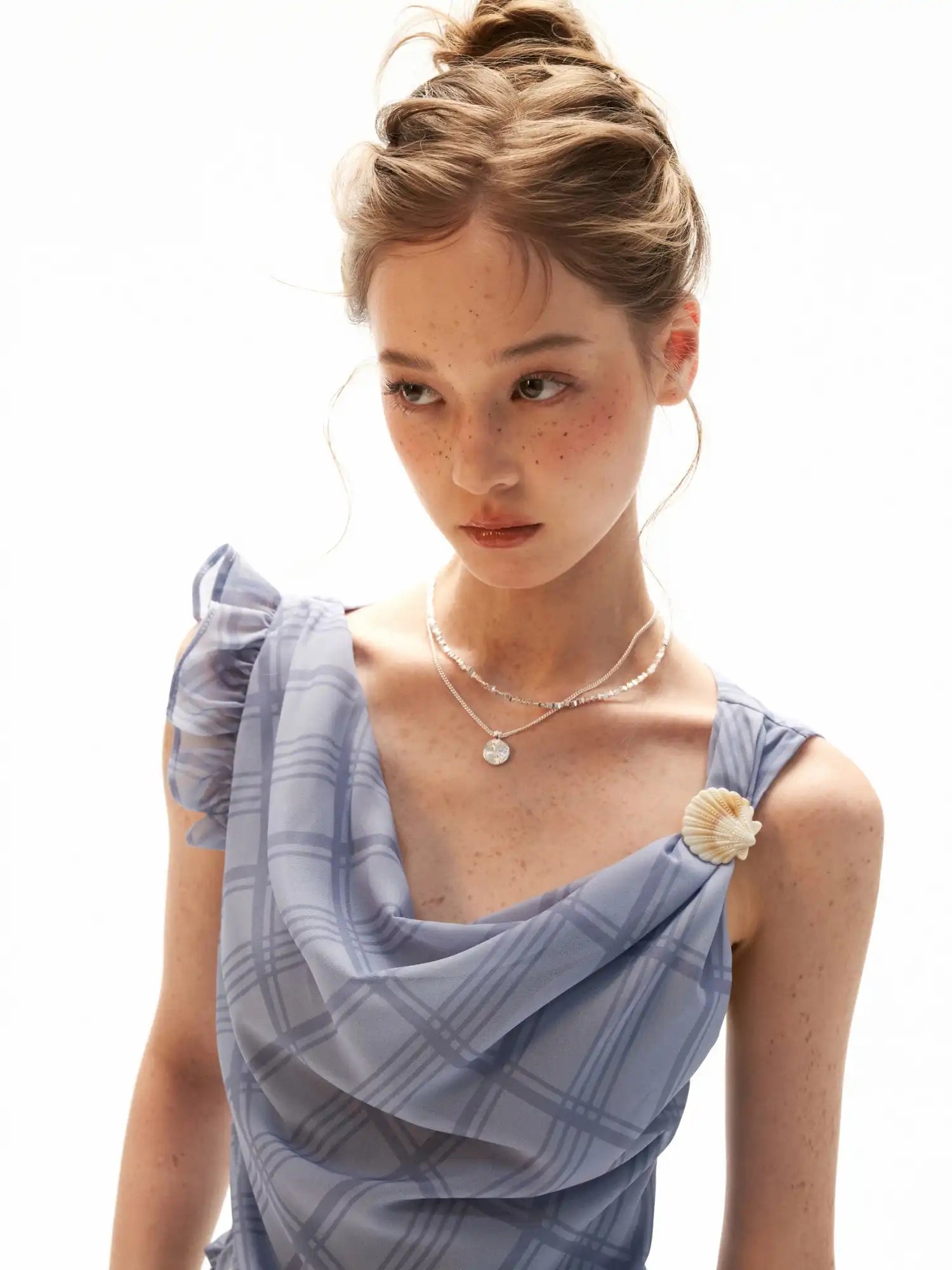 MAMC Asymmetric Ruffle Chiffon Tank Top with Grid Print | Canton Collective