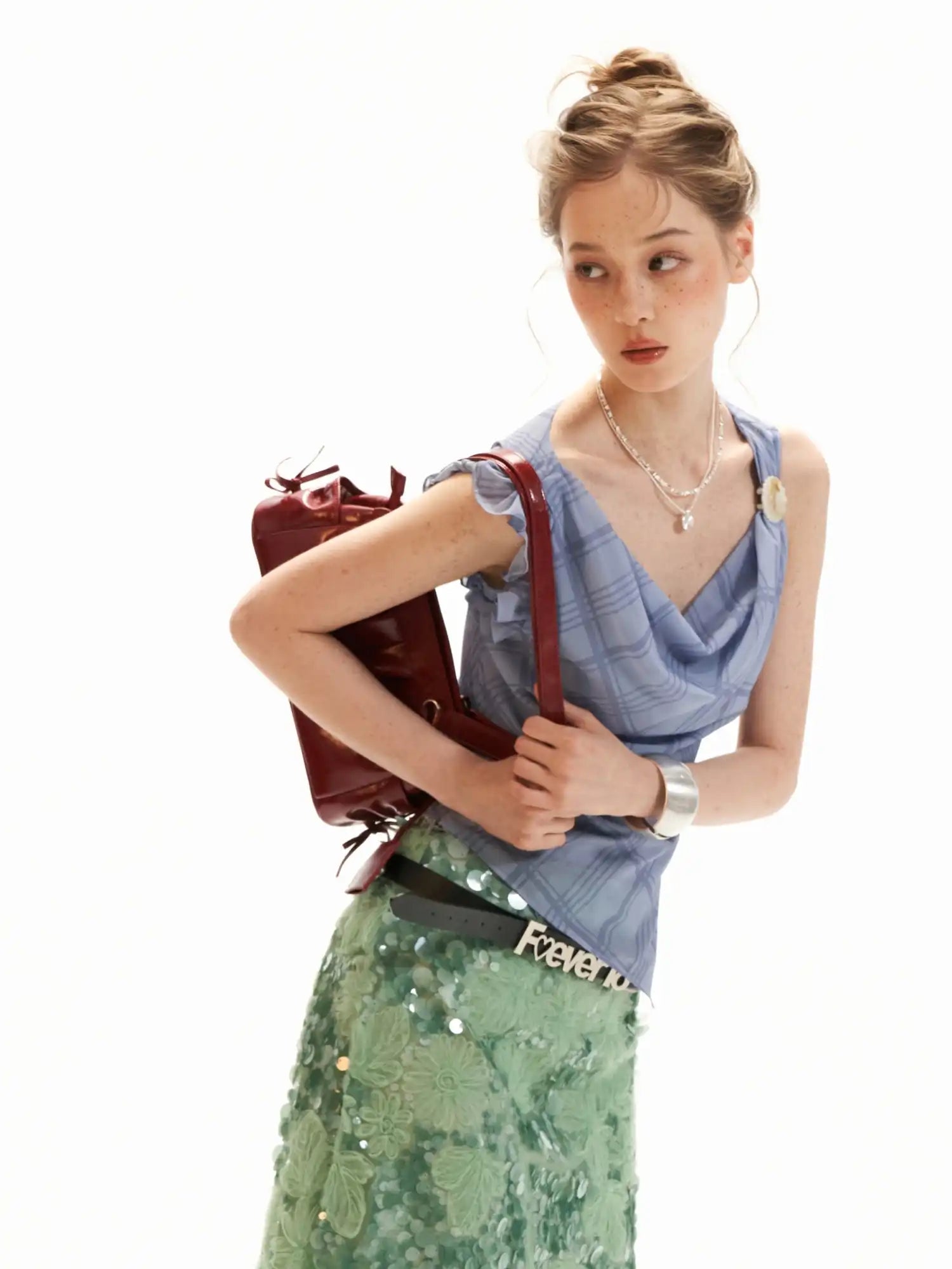MAMC Asymmetric Ruffle Chiffon Tank Top with Grid Print | Canton Collective