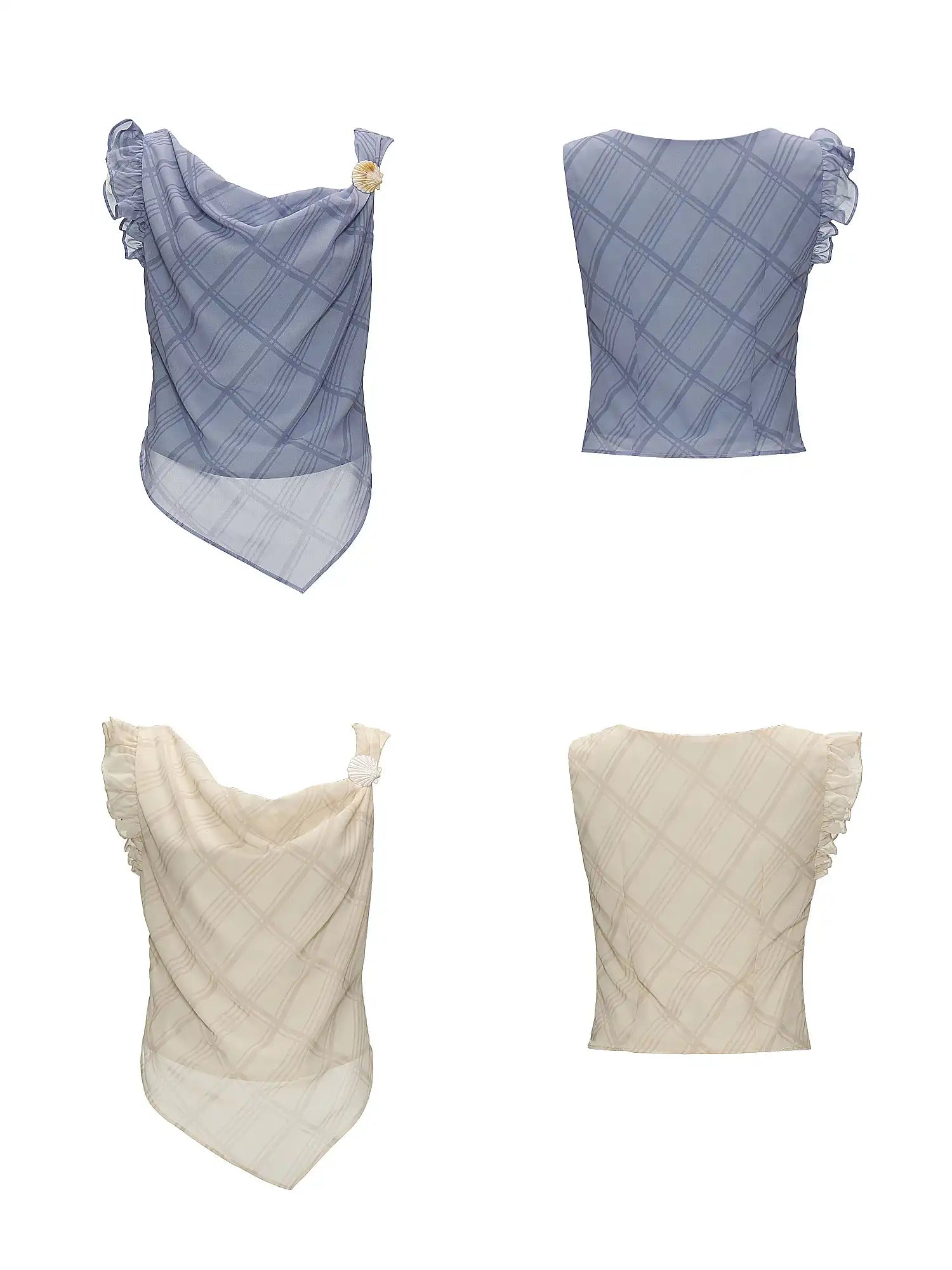 MAMC Asymmetric Ruffle Chiffon Tank Top with Grid Print | Canton Collective