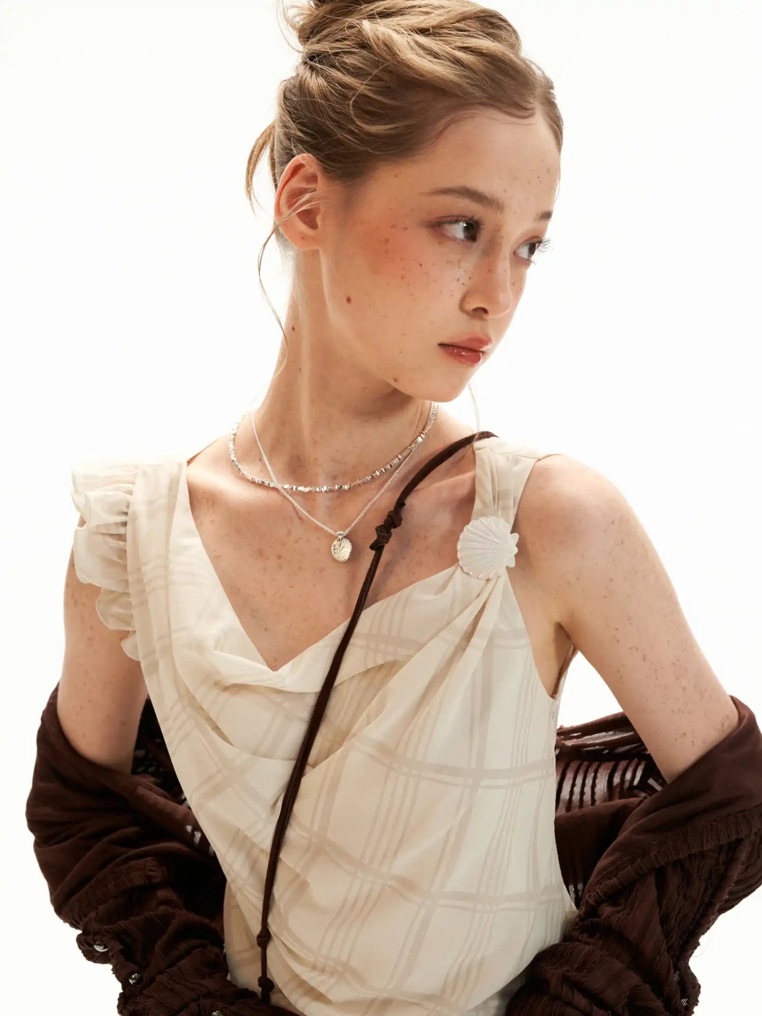MAMC Asymmetric Ruffle Chiffon Tank Top with Grid Print | Canton Collective