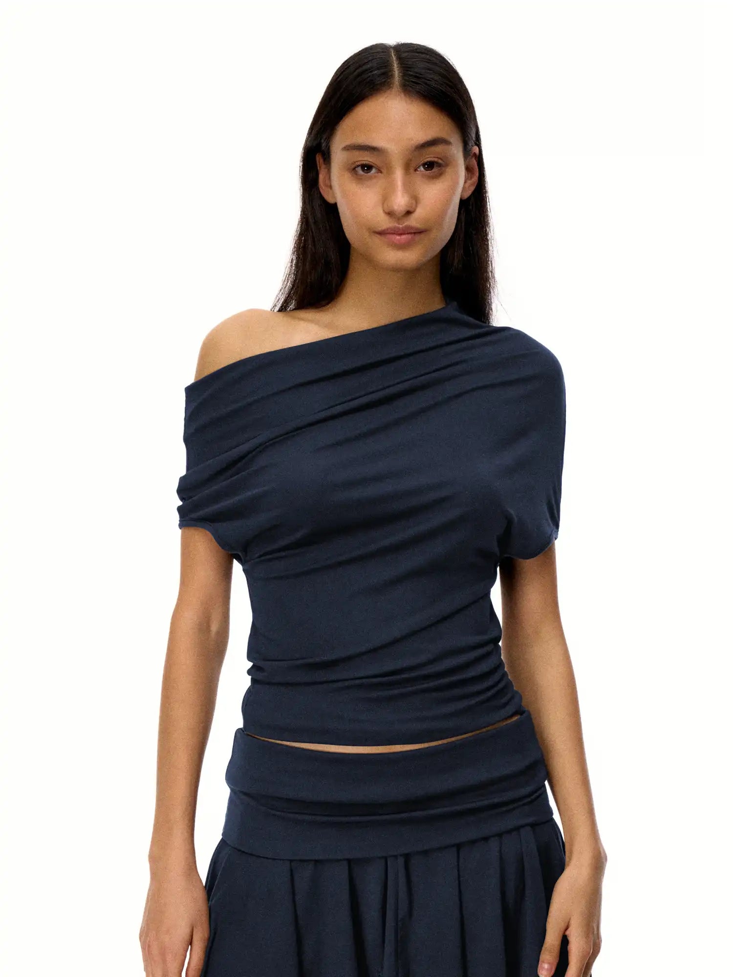 FirstFloor Asymmetrical Neckline Short Sleeve Top With Ruched Detail | Canton Collective