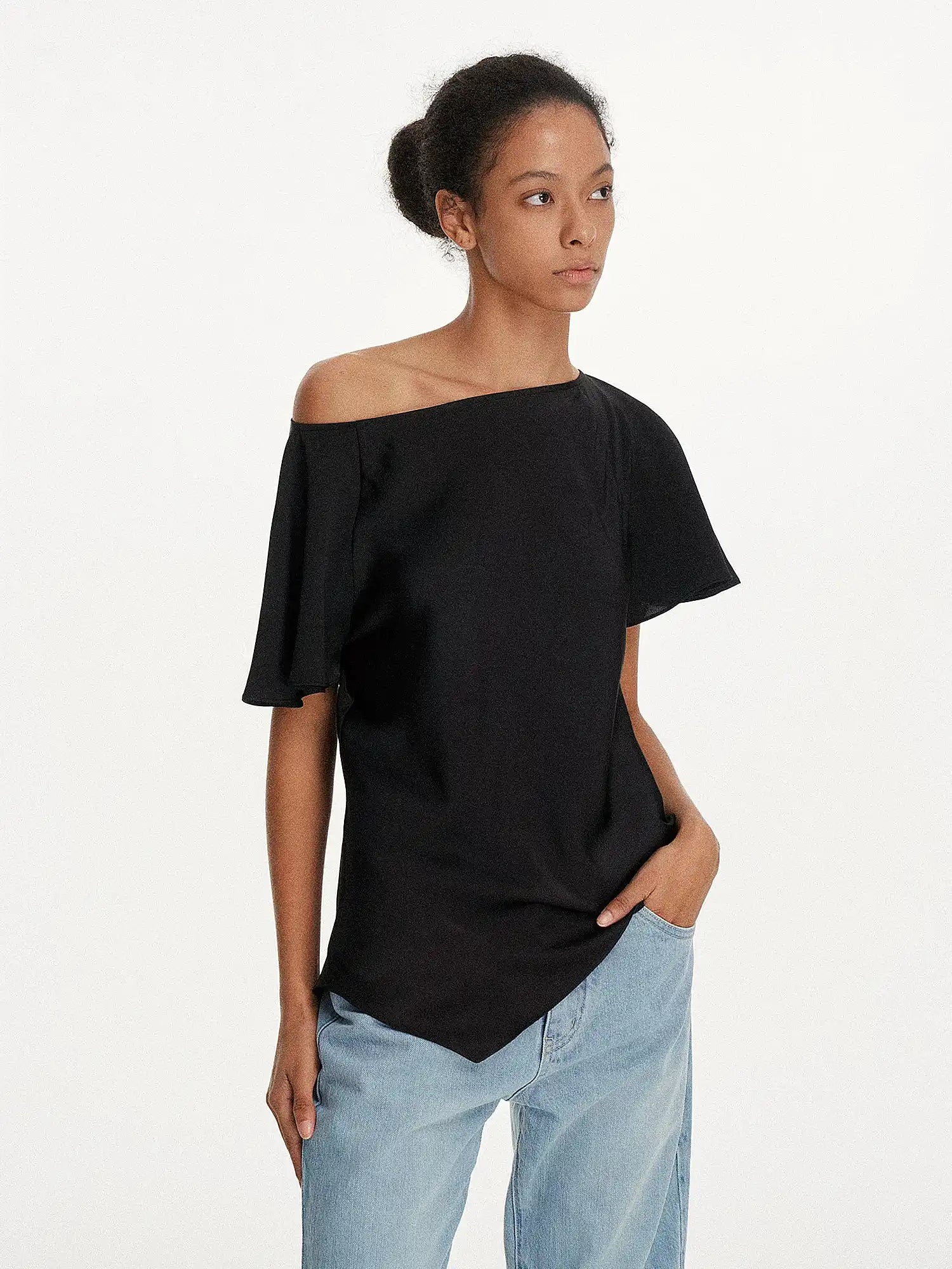 First Floor Asymmetrical Satin-Feel Off Shoulder Draped Top | Canton Collective