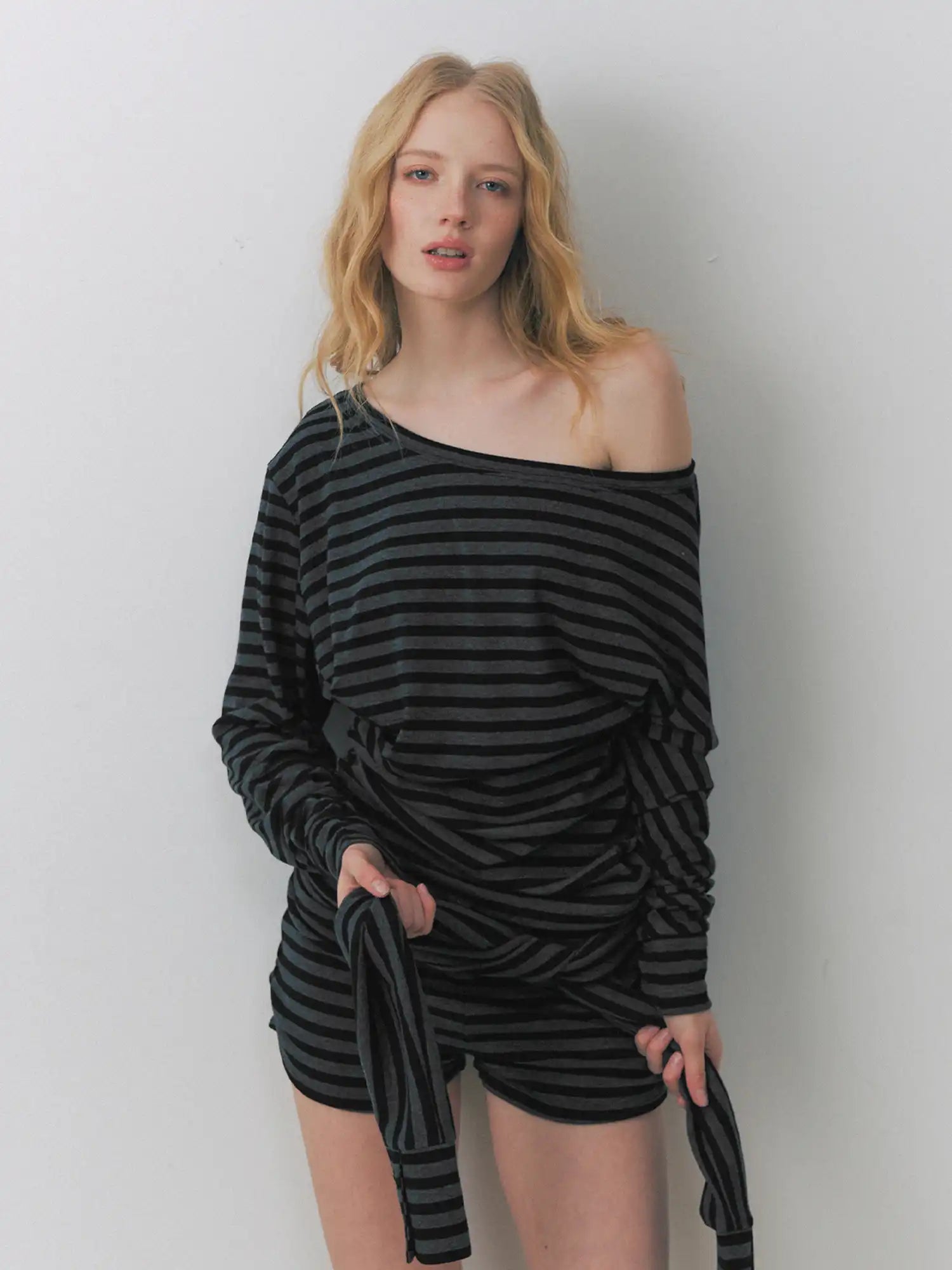 Deleteex Asymmetrical Striped Ruched Long Sleeve Top | Canton Collective