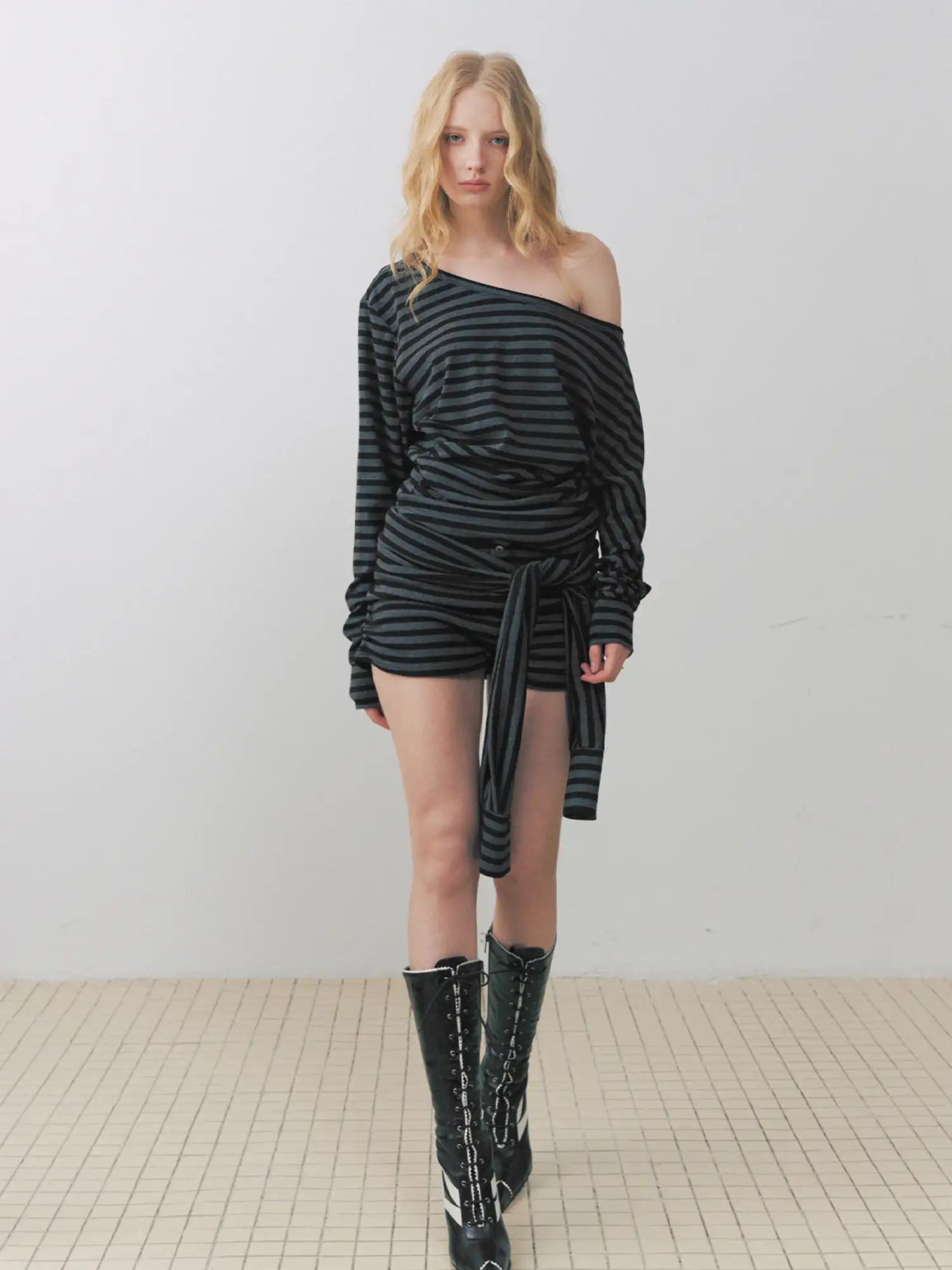 Deleteex Asymmetrical Striped Ruched Long Sleeve Top | Canton Collective