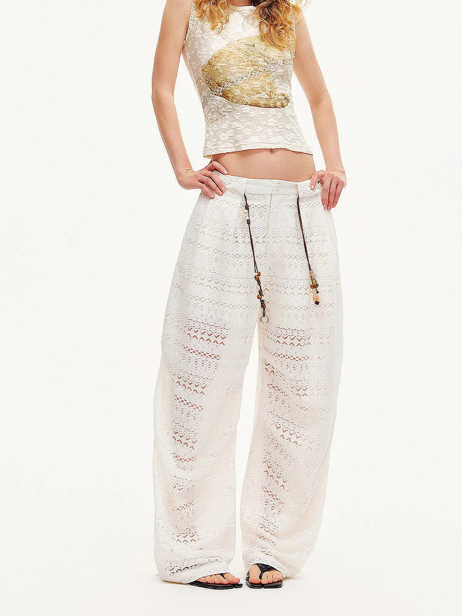 Outtheblue Beaded Drawstring Lace Wide-Leg Palazzo Pants | Canton Collective