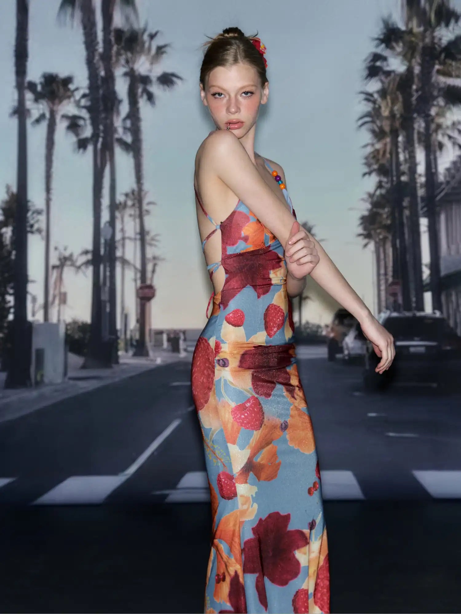 Deleteex Beaded Strap Tropical Hibiscus Long Dress | Canton Collective