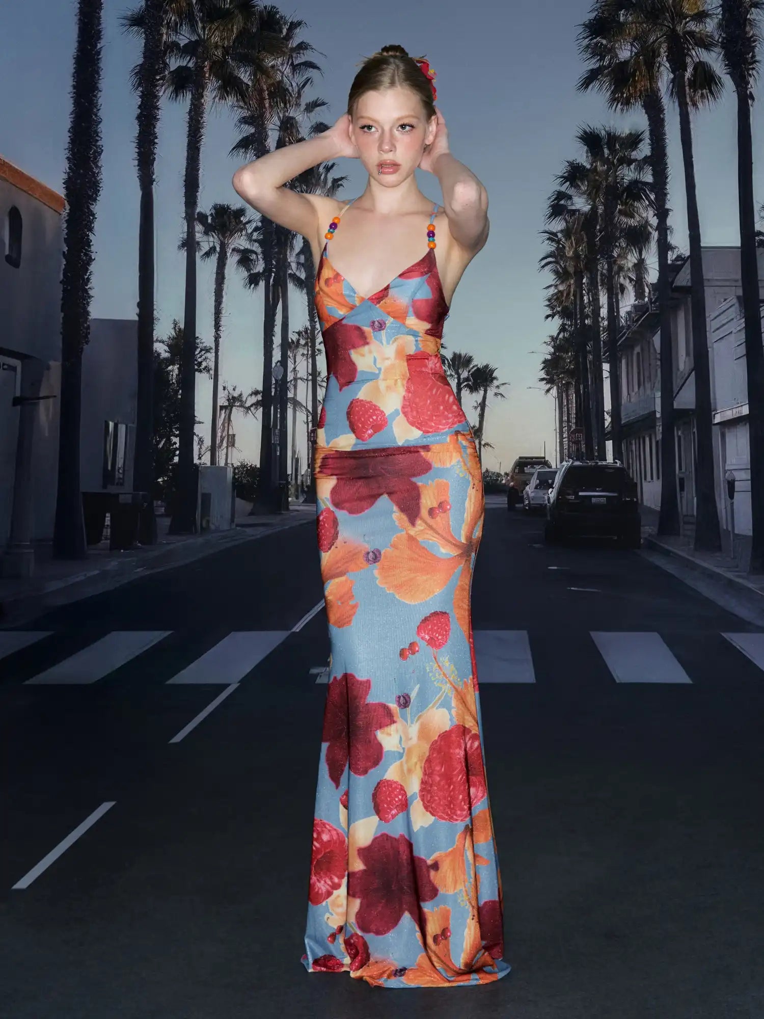 Deleteex Beaded Strap Tropical Hibiscus Long Dress | Canton Collective