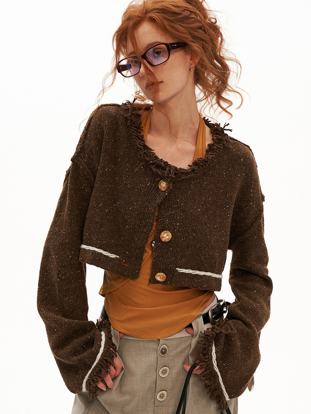 MAMC Bell Sleeve Cropped Fringe Cardigan Sweater | Canton Collective