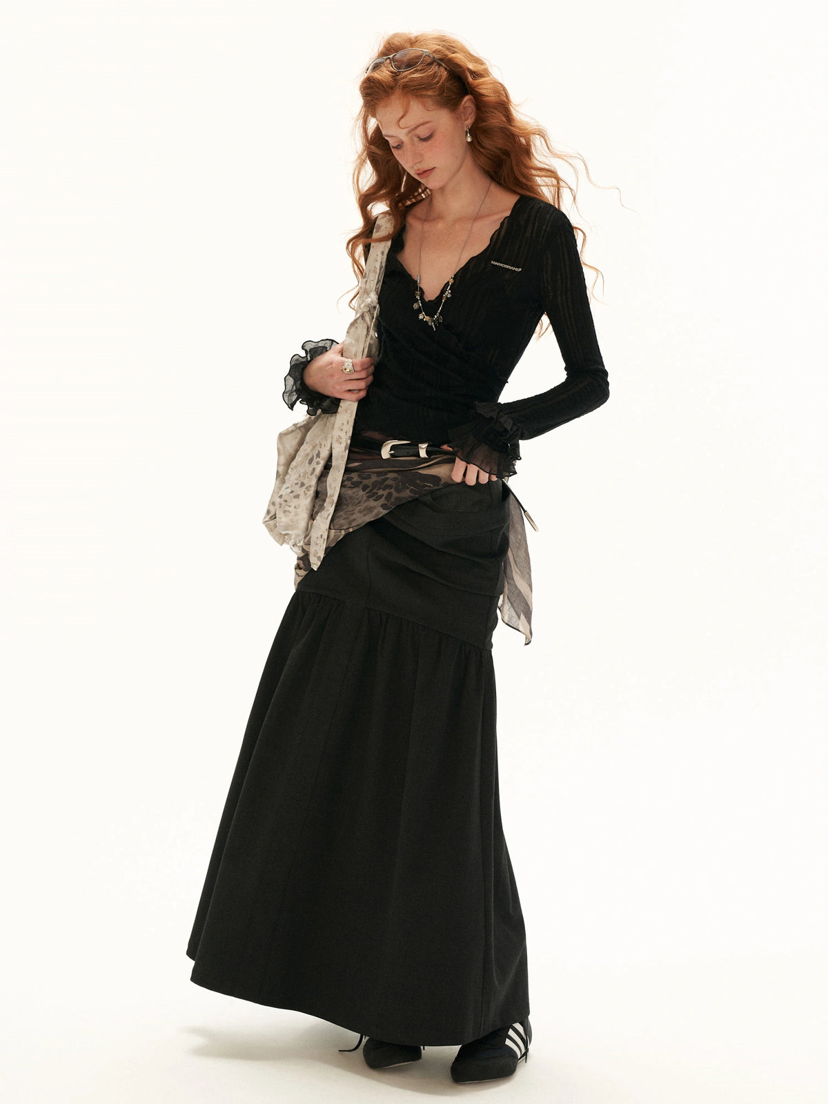 MAMC Black Fitted Wrap Bell Sleeve Top | Canton Collective