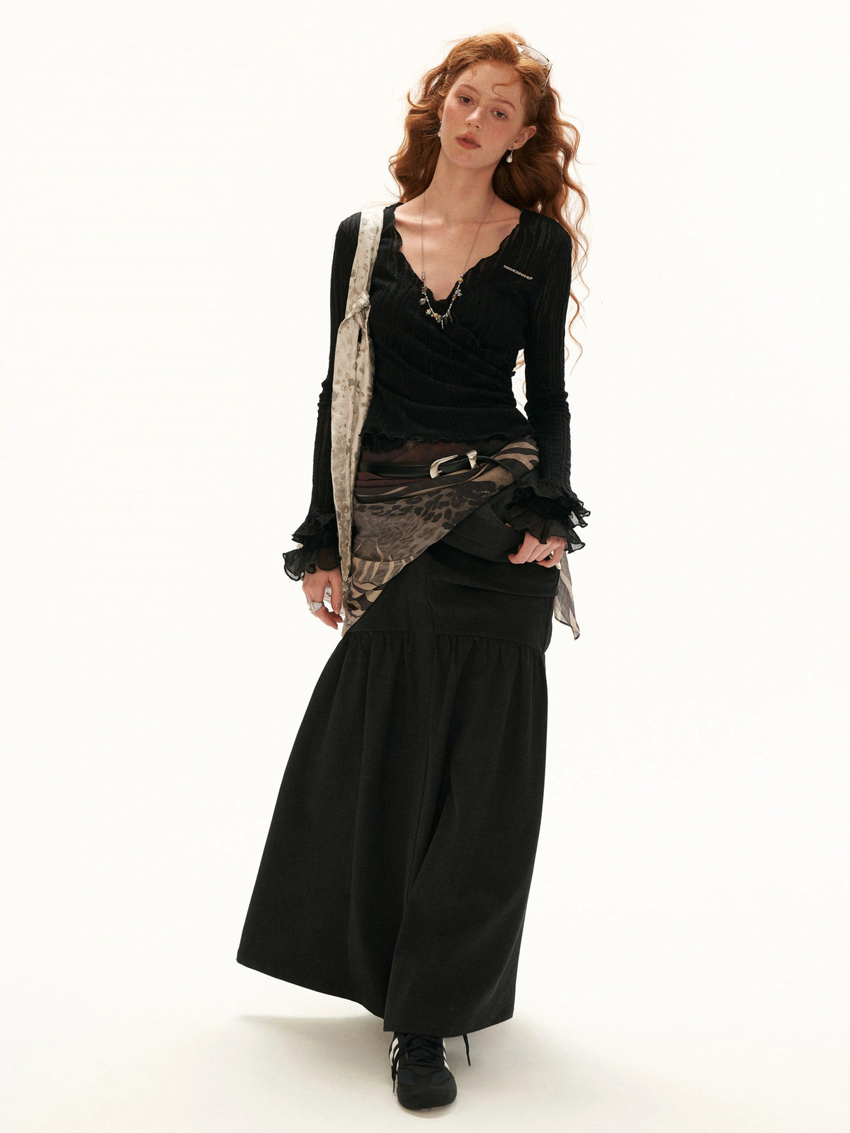 MAMC Black Fitted Wrap Bell Sleeve Top | Canton Collective