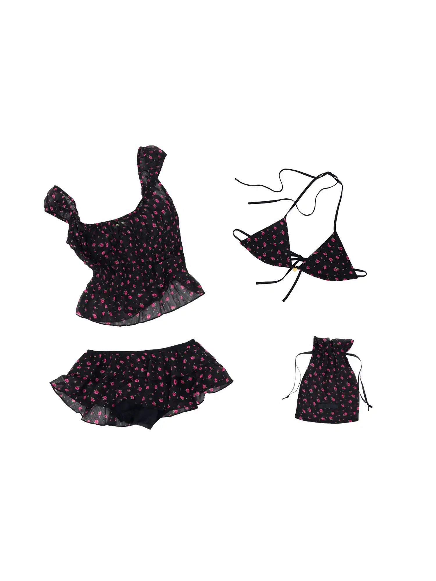 1Jinn Studio Black Floral Semi-Sheer 3-Piece Bikini Set | Canton Collective