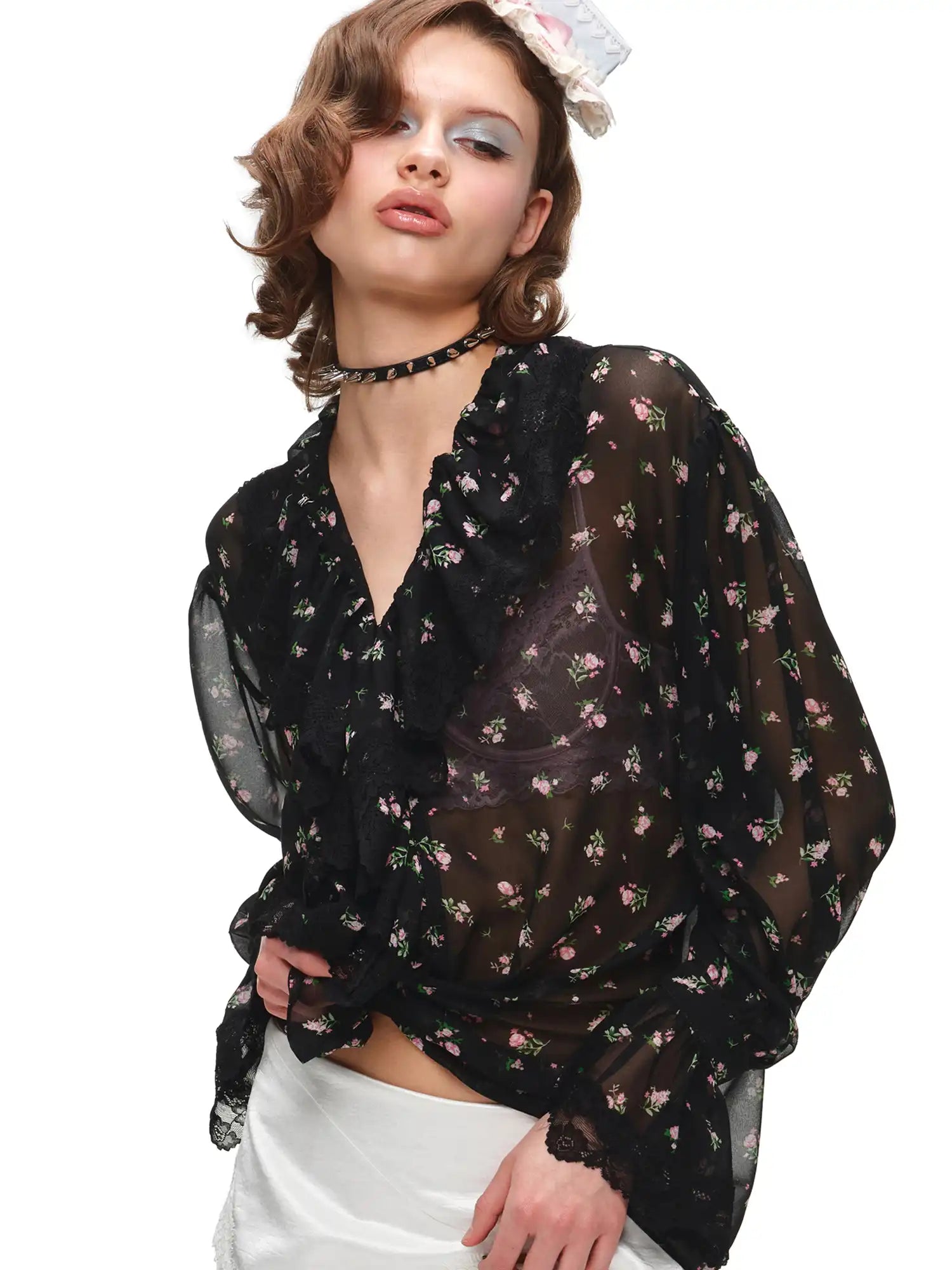1Jinn Studio Black Floral  Semi-Sheer Chiffon Blouse | Canton Collective
