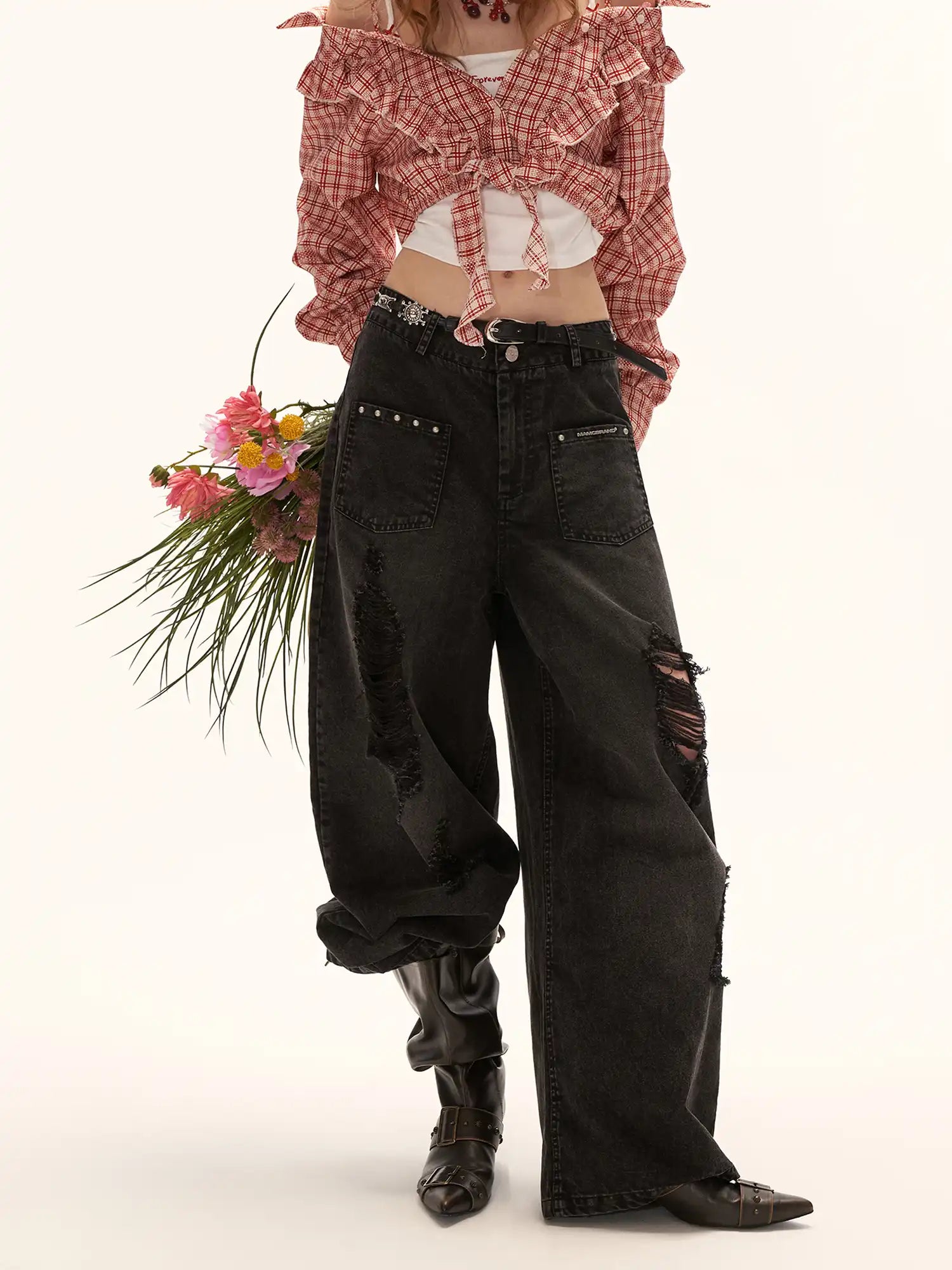 MAMC Black Ripped Wide-Leg Cotton Denim Jeans | Canton Collective