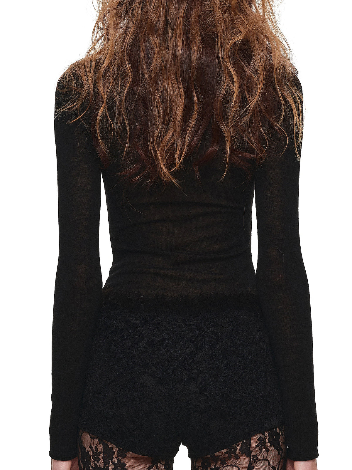 Black Sheer Knit Fitted Long Sleeve Print Top