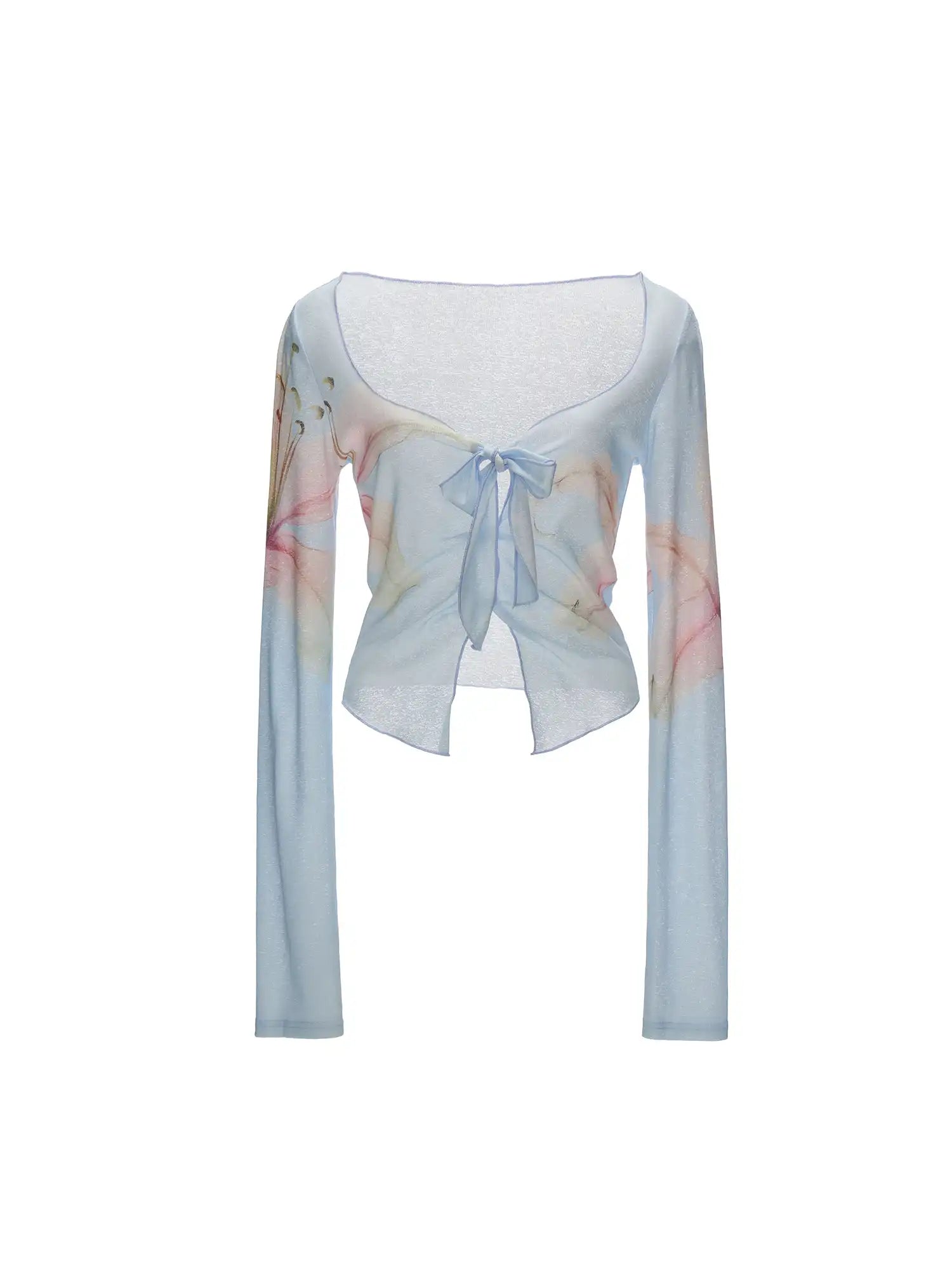 MAMC Blue Watercolor Lily Sheer Tie Front Top | Canton Collective