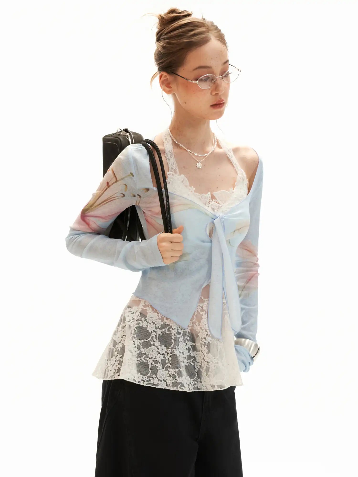 MAMC Blue Watercolor Lily Sheer Tie Front Top | Canton Collective