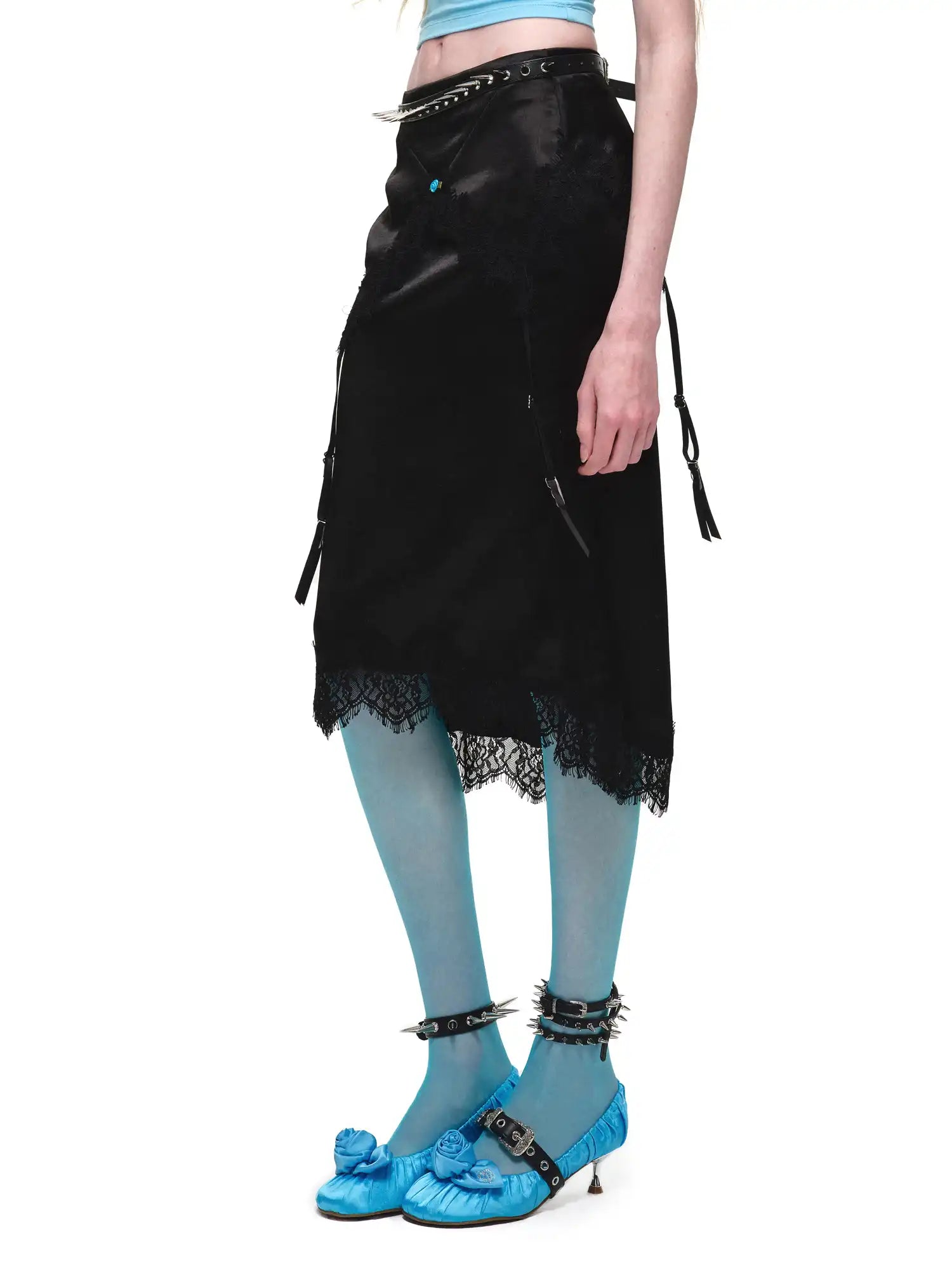 1Jinn Studio Bodycon Satin Lace Trim Midi Skirt | Canton Collective