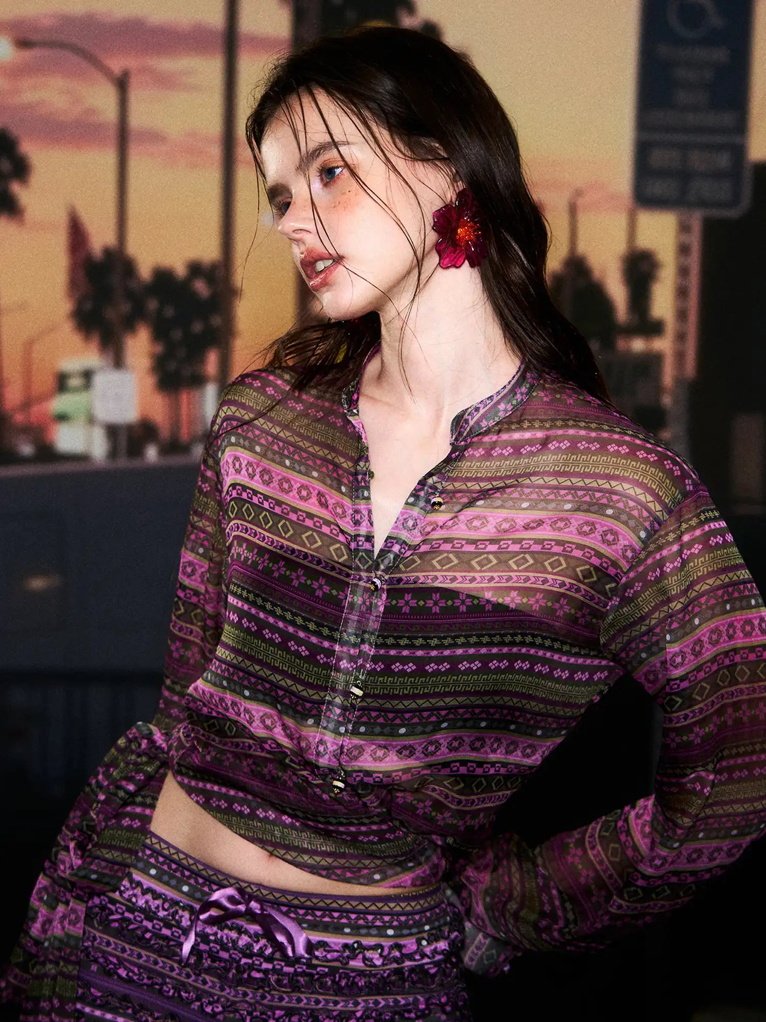 Deleteex Boho Geometric Print Sheer Tie Shirt | Canton Collective