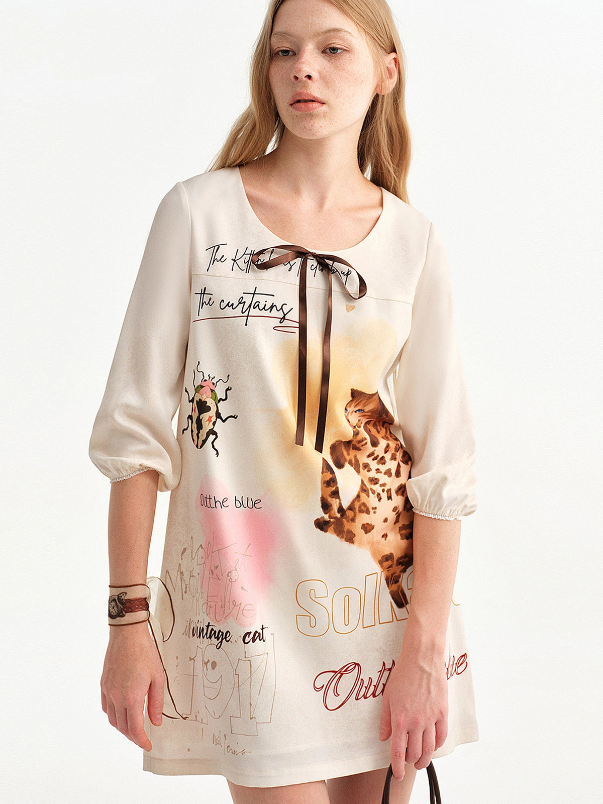 Outtheblue Bow Front Puff Sleeve Shift Mini Dress | Canton Collective