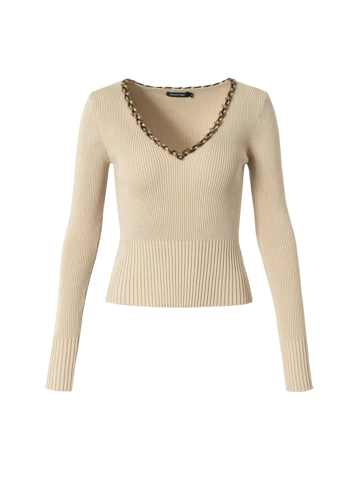 Braided Trim Ribbed V Neck Sweater