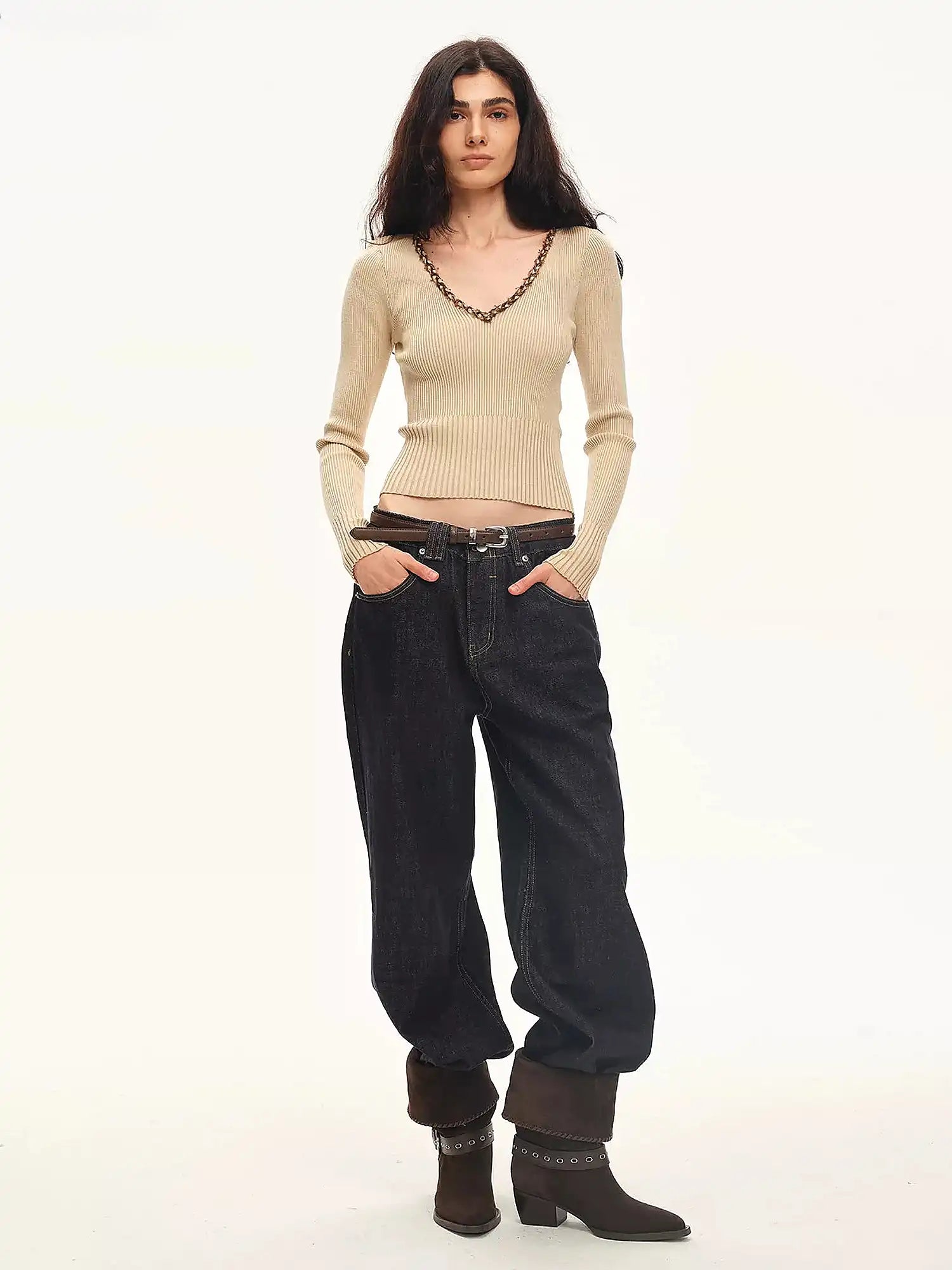 Braided Trim Ribbed V Neck Sweater