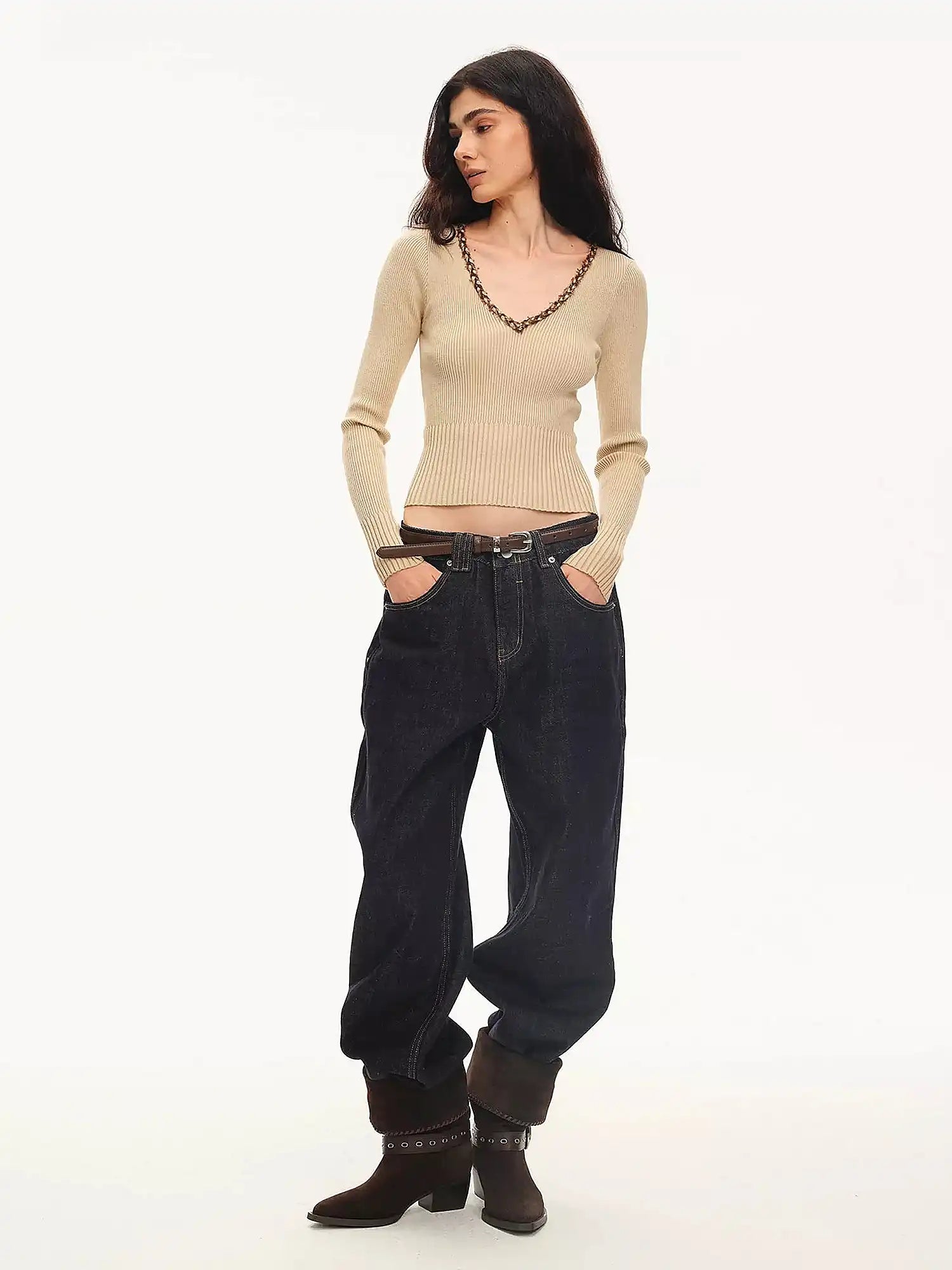 Braided Trim Ribbed V Neck Sweater