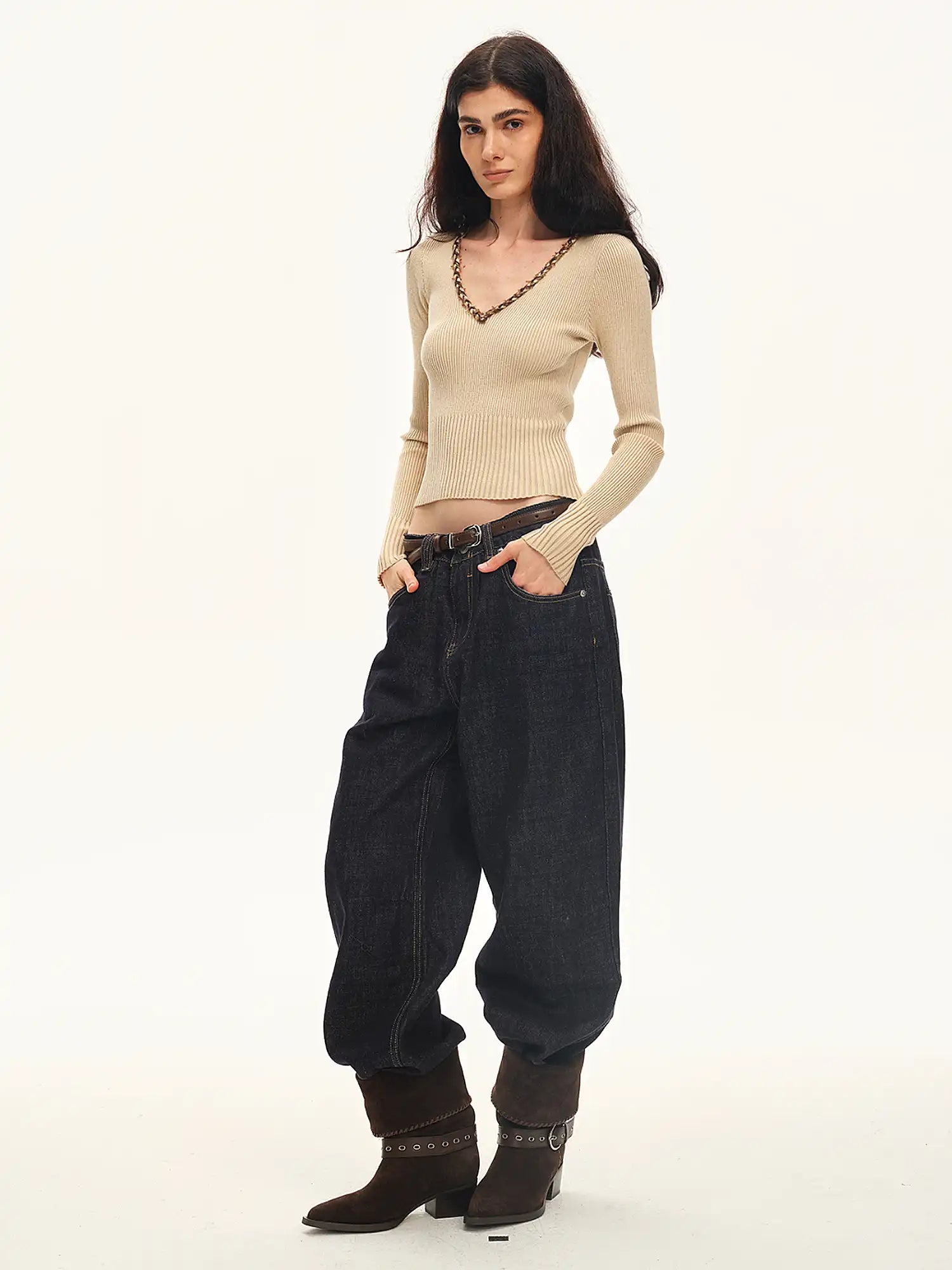 Braided Trim Ribbed V Neck Sweater