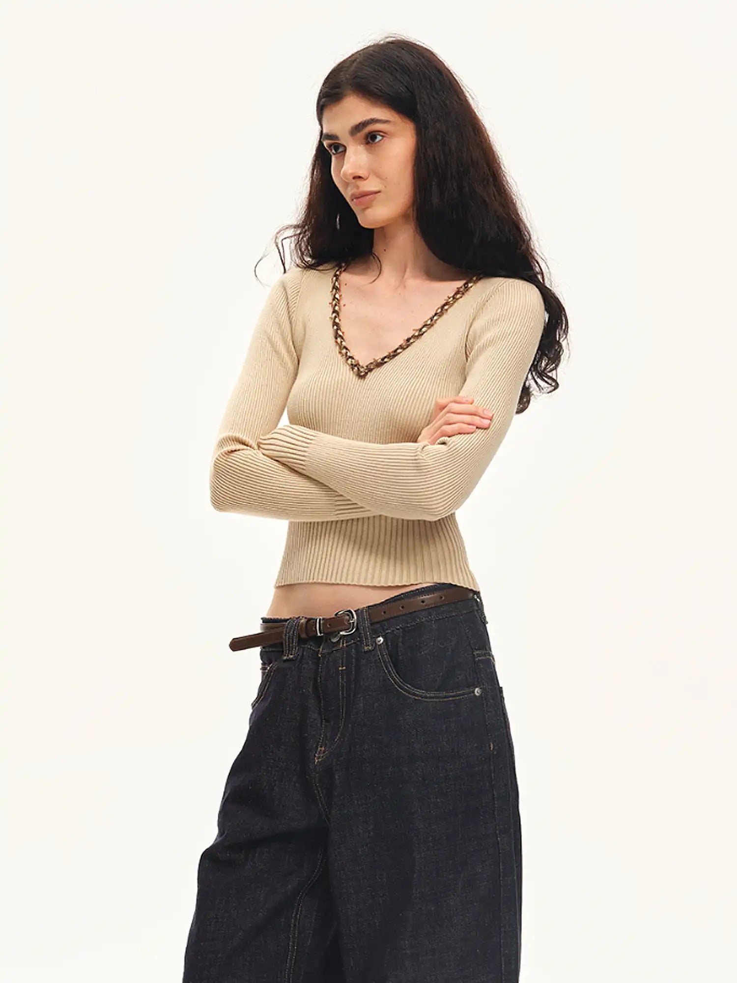Braided Trim Ribbed V Neck Sweater