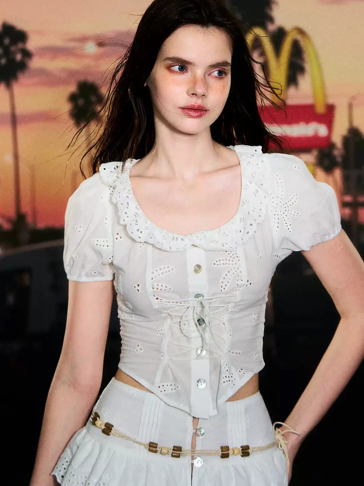 Deleteex Broderie Anglaise Corset-Lace Cropped Top | Canton Collective