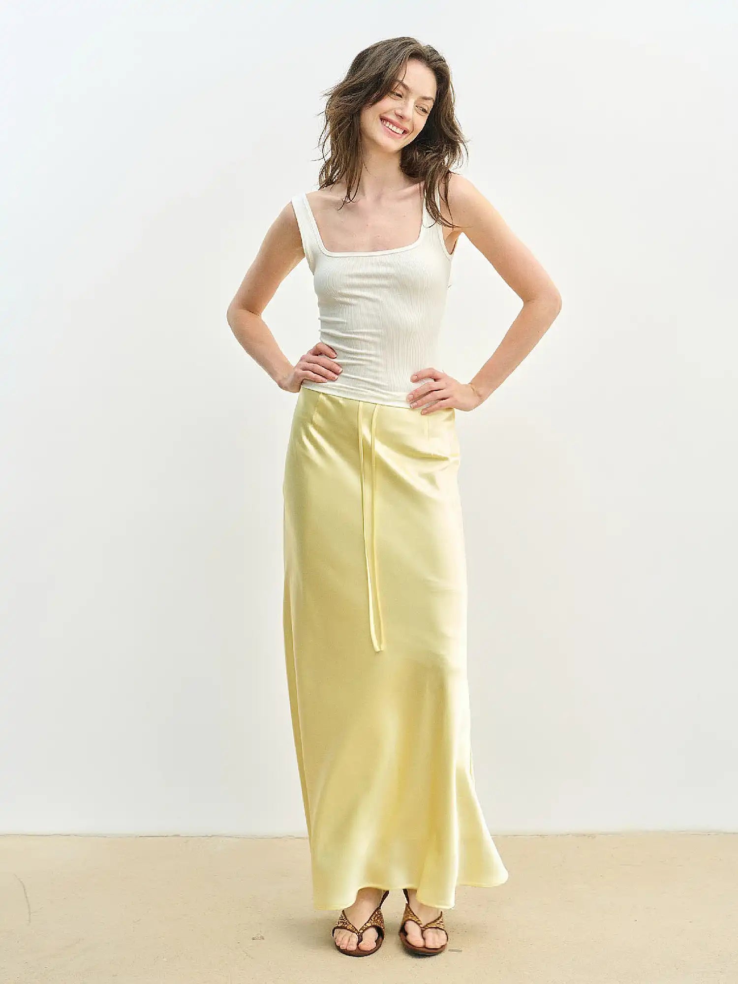 Muse Naps Butter Yellow Satin Fishtail Maxi Skirt | Canton Collective
