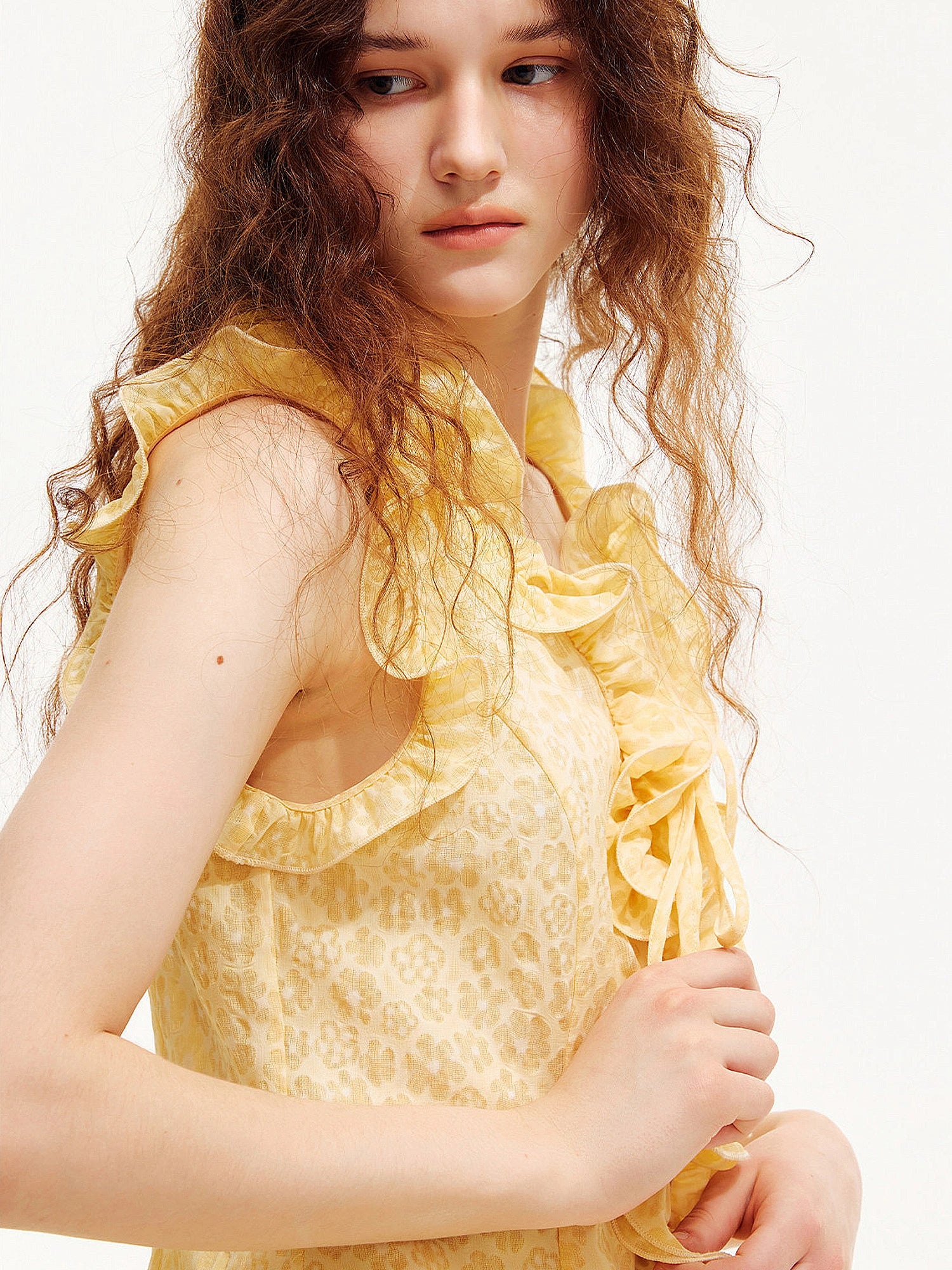 Outtheblue Butter Yellow Textured Floral Ruffle Sleeveless Top | Canton Collective