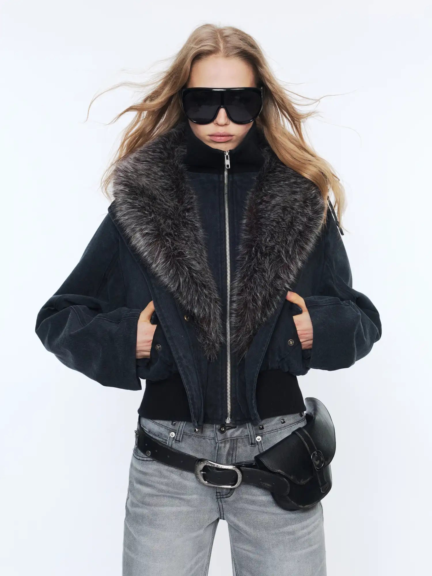 2th Desire Button-Up Fur Collar Jean Bomber Jacket | Canton Collective
