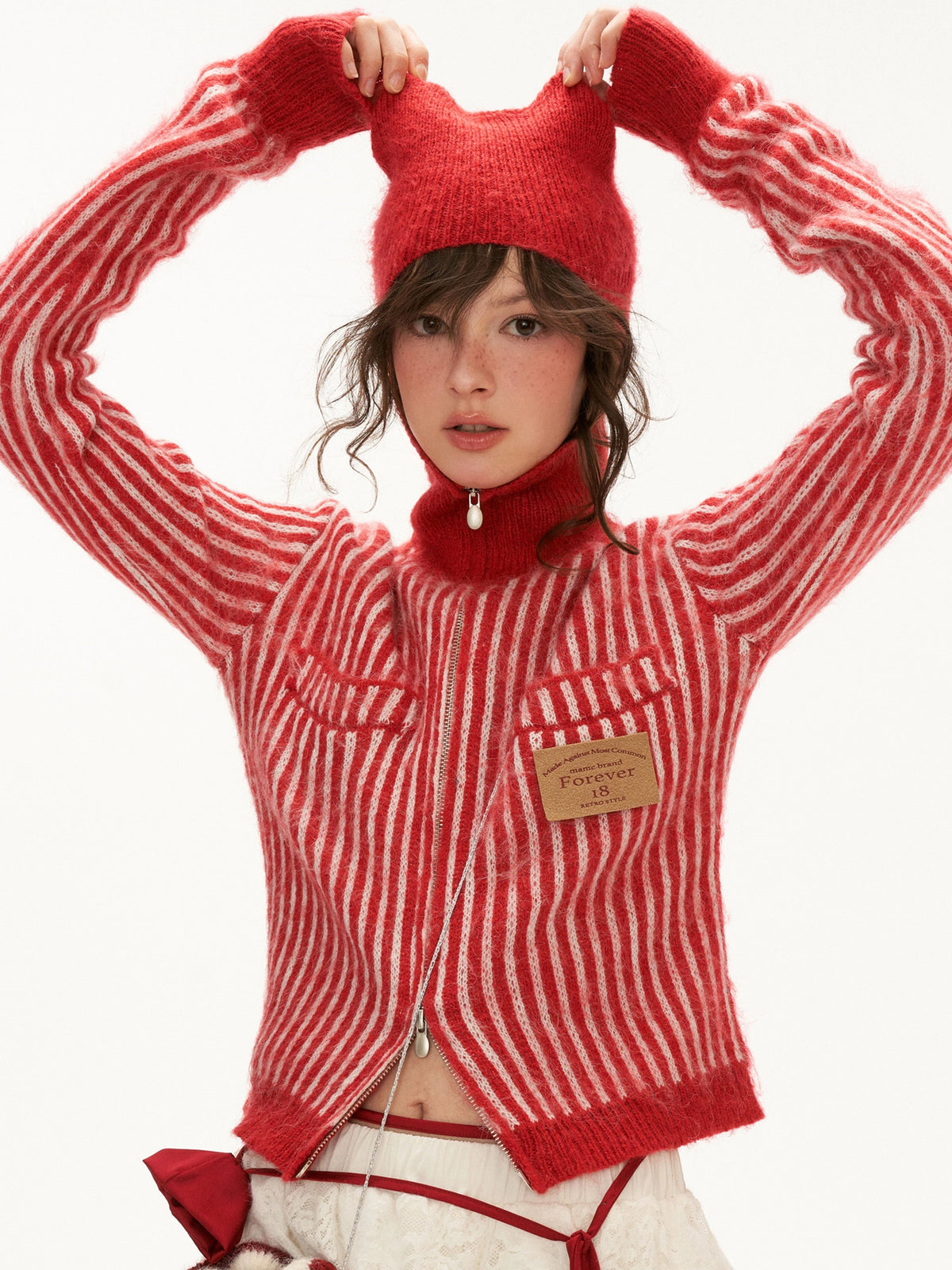 MAMC Cat Ear Striped Knit Zip Cardigan | Canton Collective