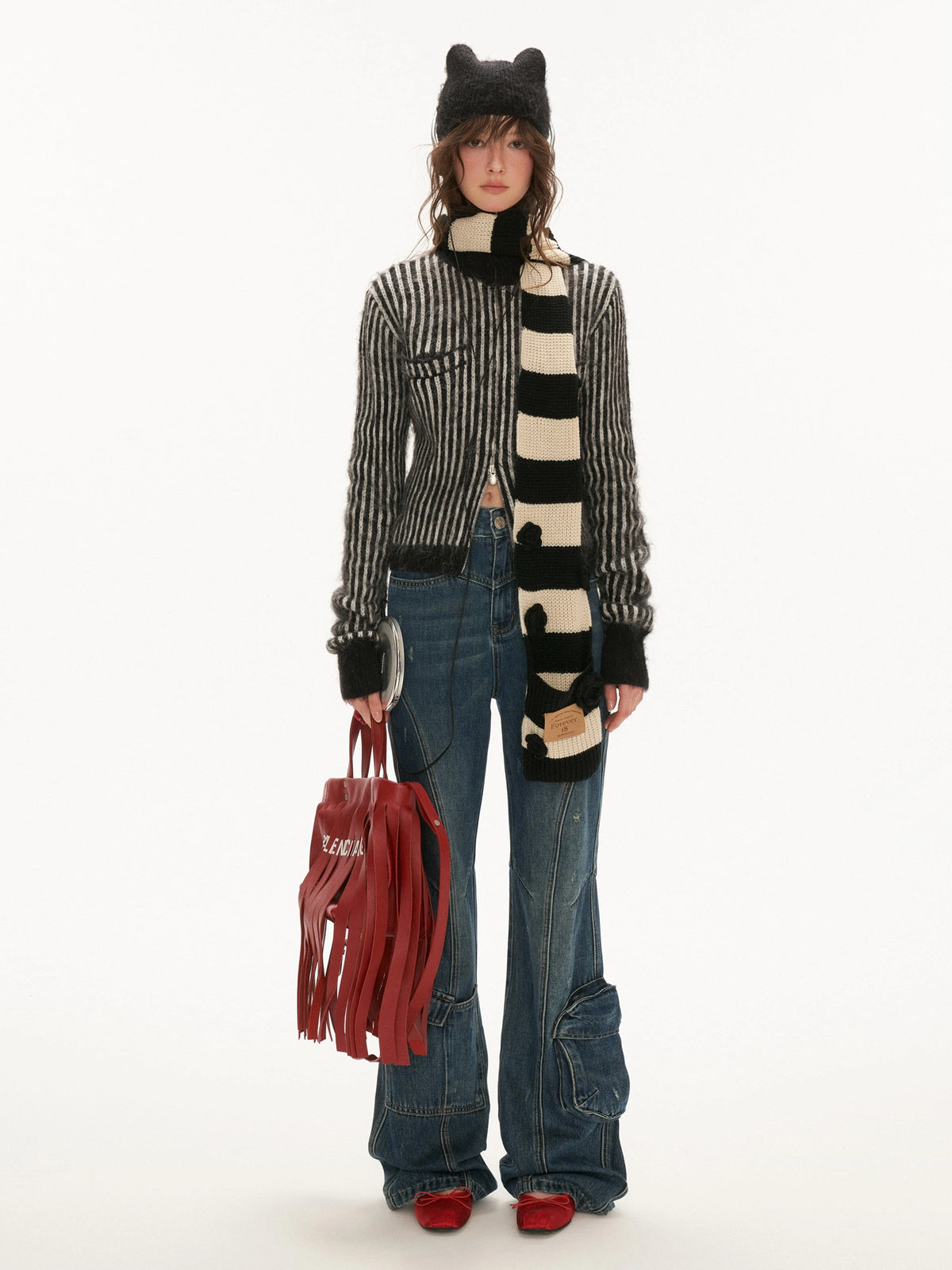 MAMC Cat Ear Striped Knit Zip Cardigan | Canton Collective