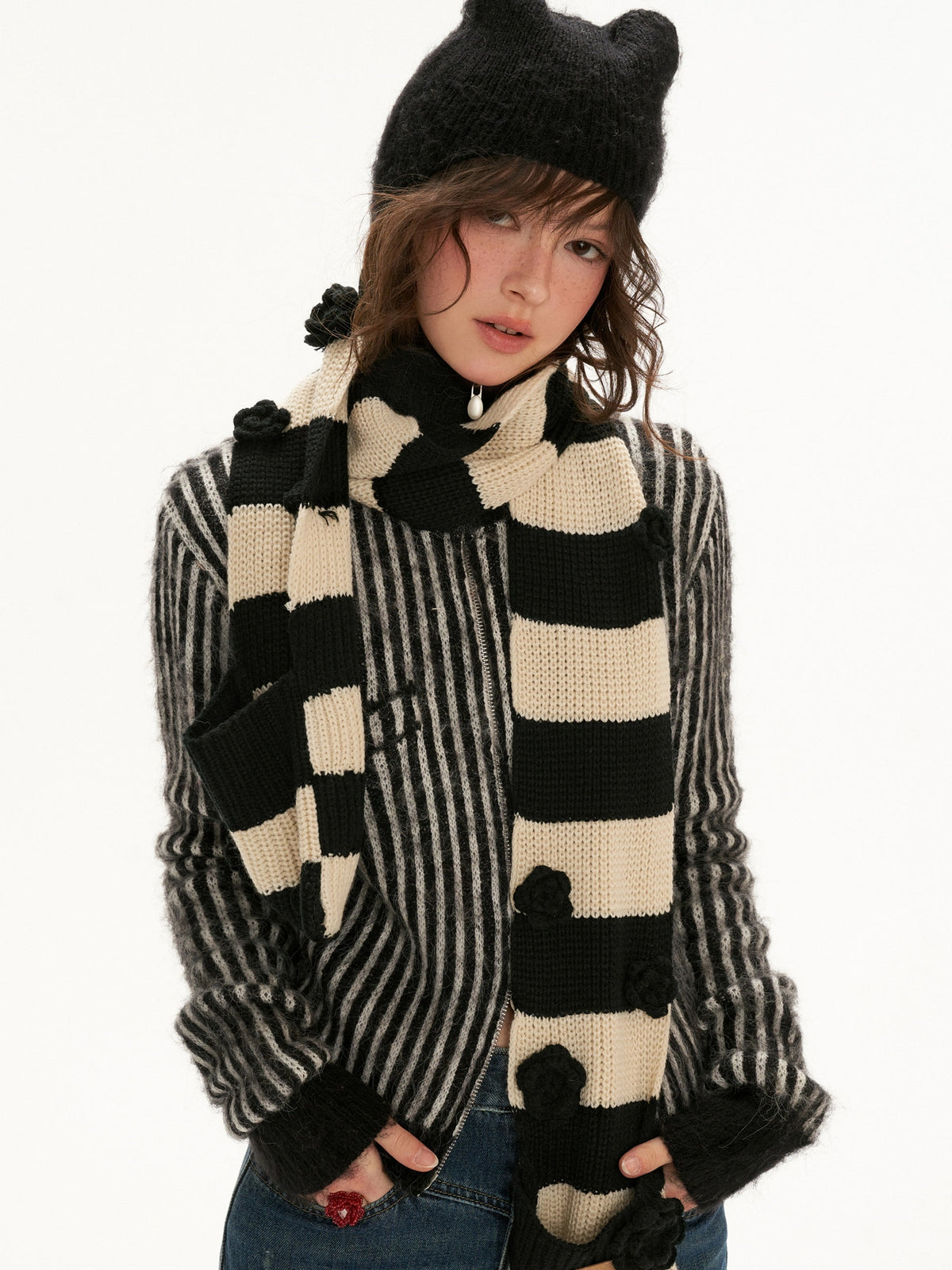 MAMC Cat Ear Striped Knit Zip Cardigan | Canton Collective