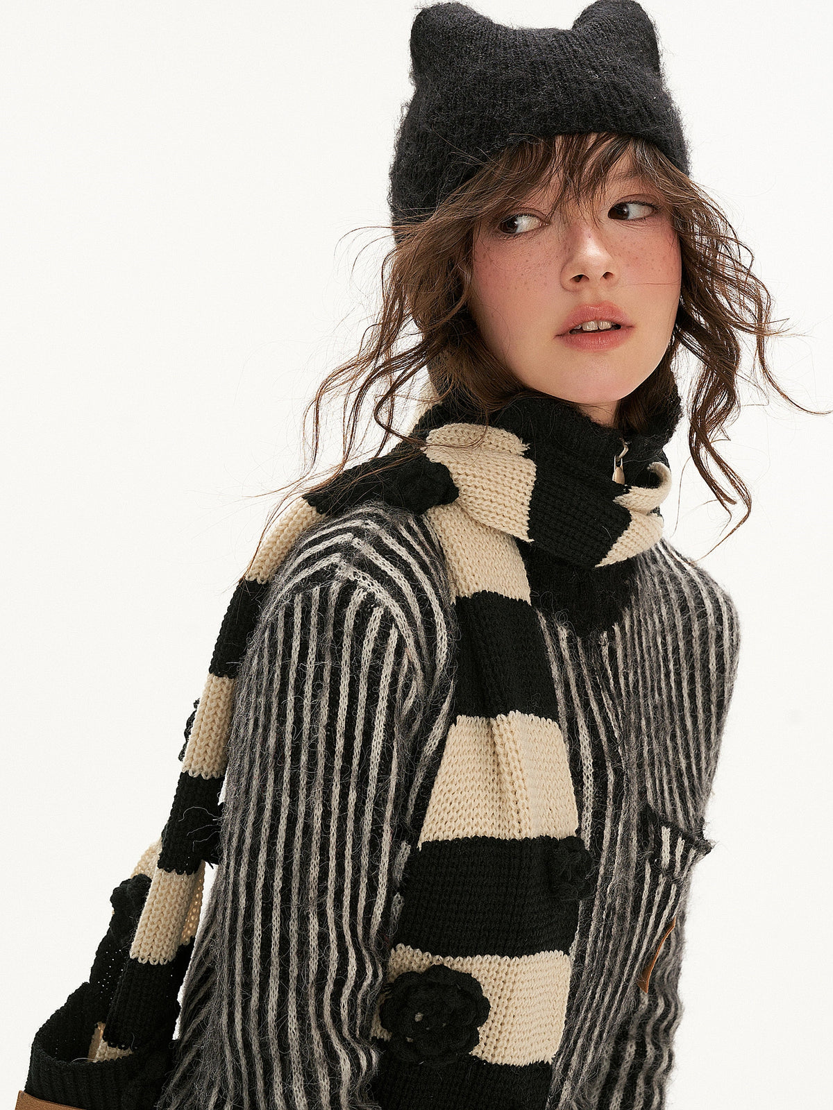 MAMC Cat Ear Striped Knit Zip Cardigan | Canton Collective