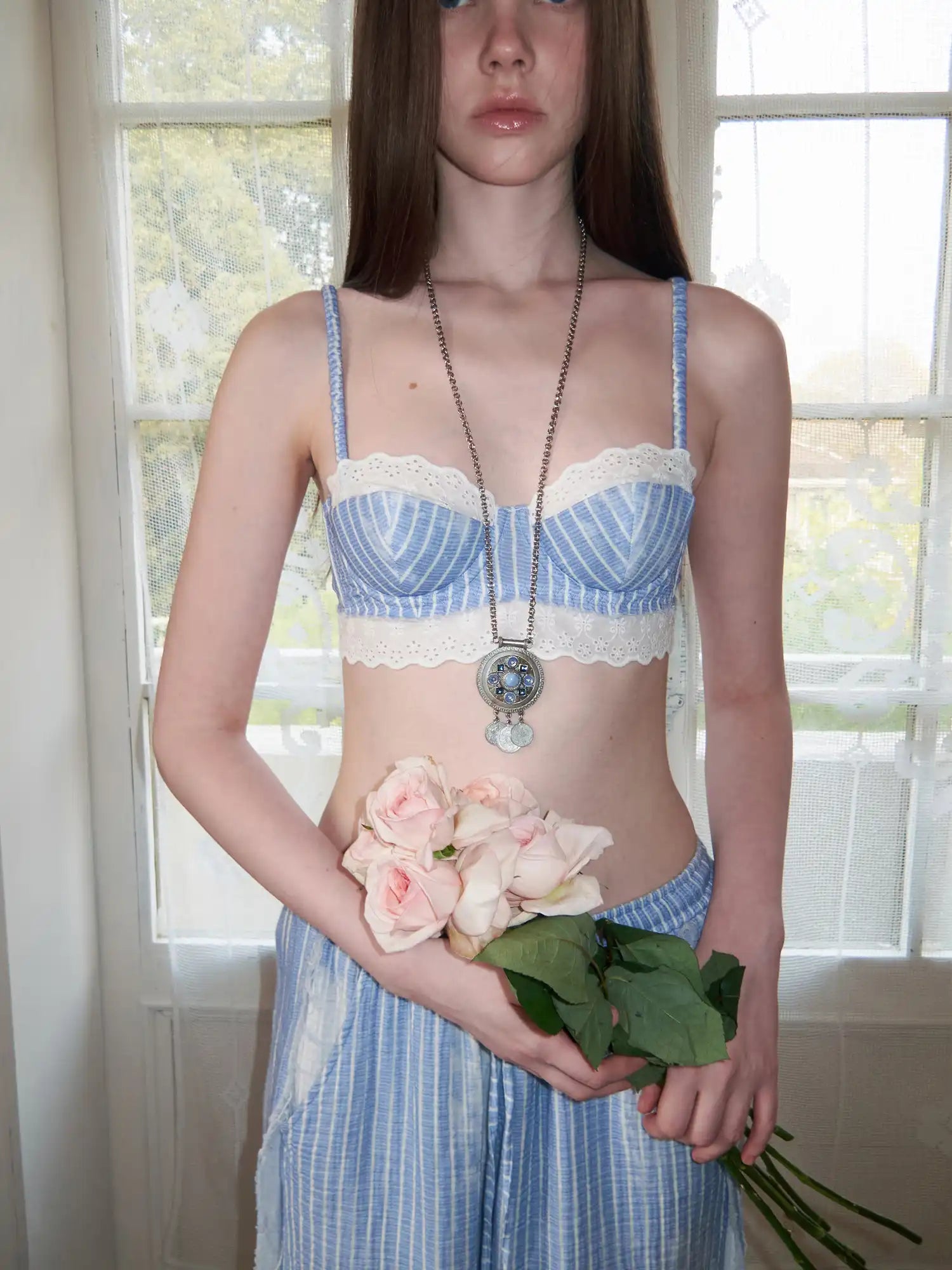1Jinn Studio Coastal Girl Bleached Ice Blue Pinstripe Lace Trim Bralette | Canton Collective