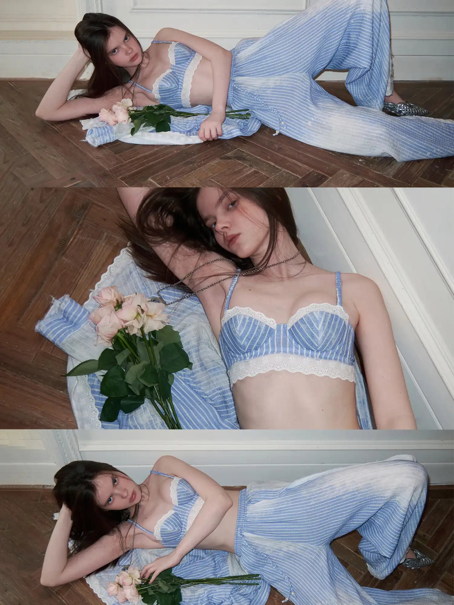 1Jinn Studio Coastal Girl Bleached Ice Blue Pinstripe Lace Trim Bralette | Canton Collective