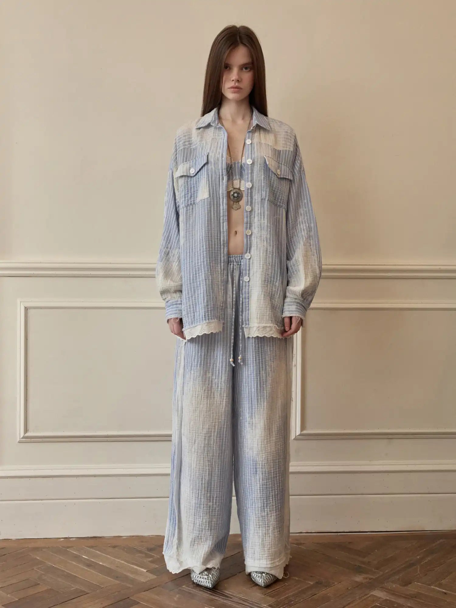 1Jinn Studio Coastal Girl Bleached Ice Blue Pinstripe Shirt | Canton Collective