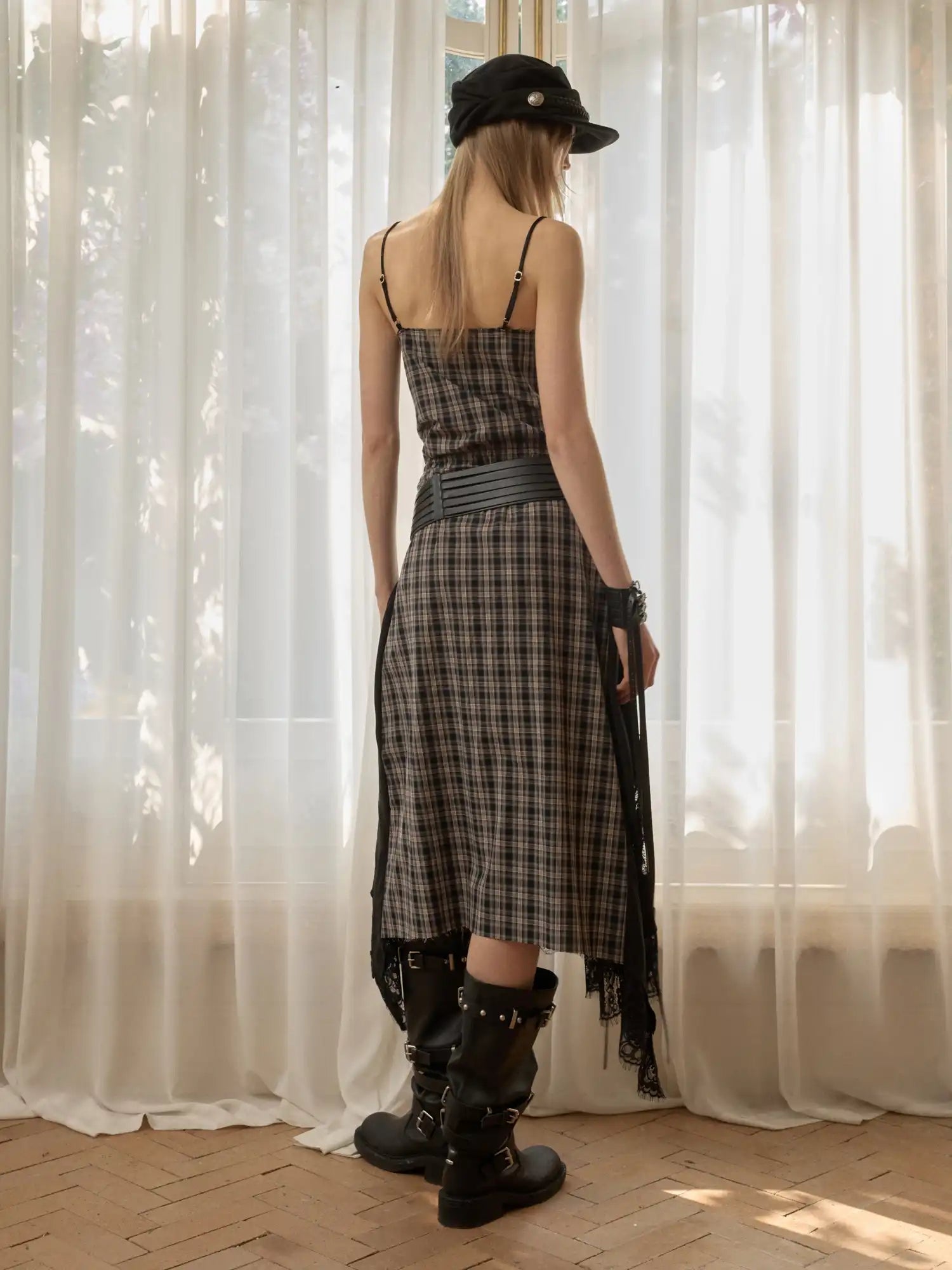 1Jinn Studio Coquette Lace Plaid Asymmetrical Satin Slip Midi Dress | Canton Collective