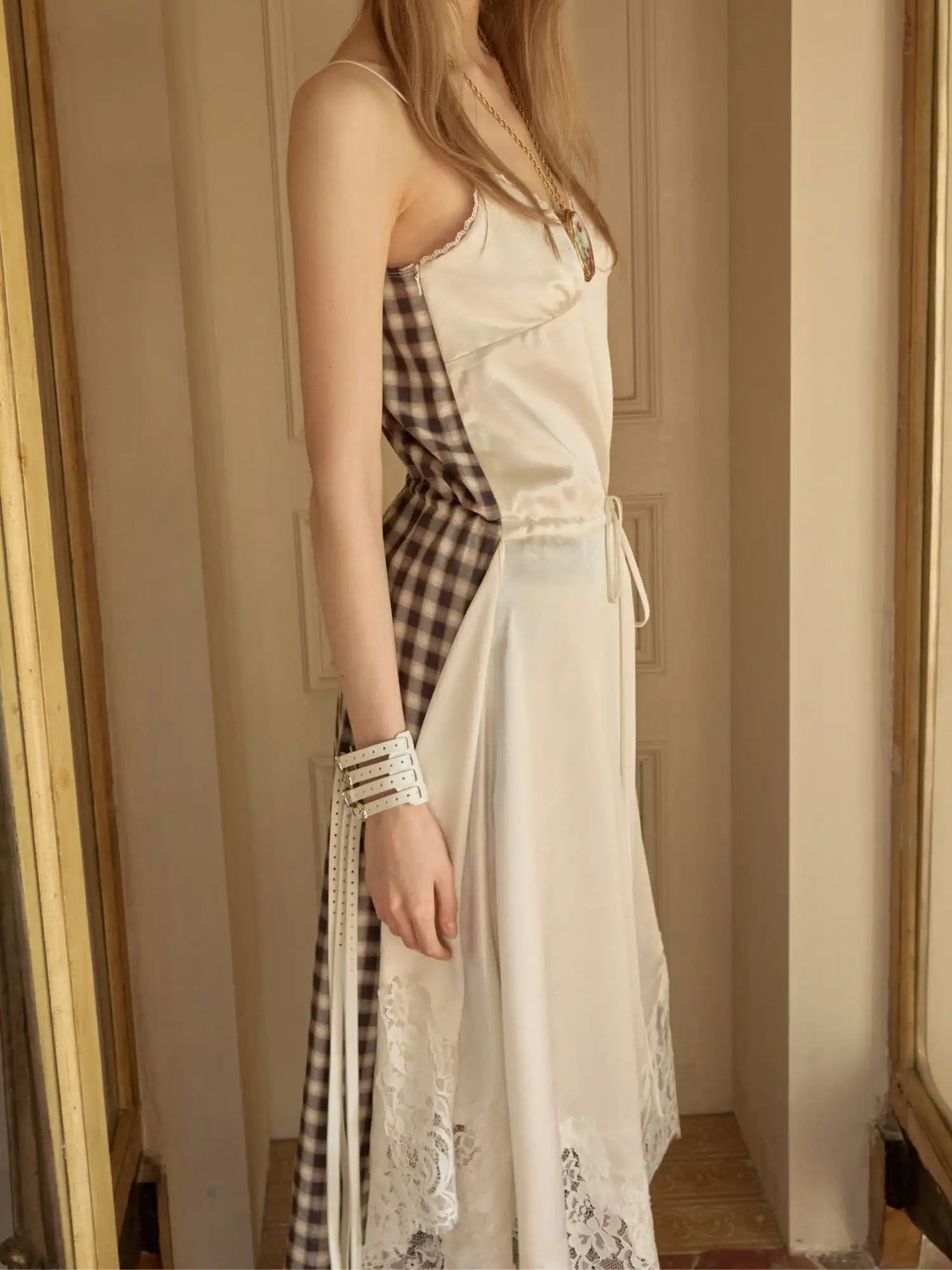 1Jinn Studio Coquette Lace Plaid Asymmetrical Satin Slip Midi Dress | Canton Collective