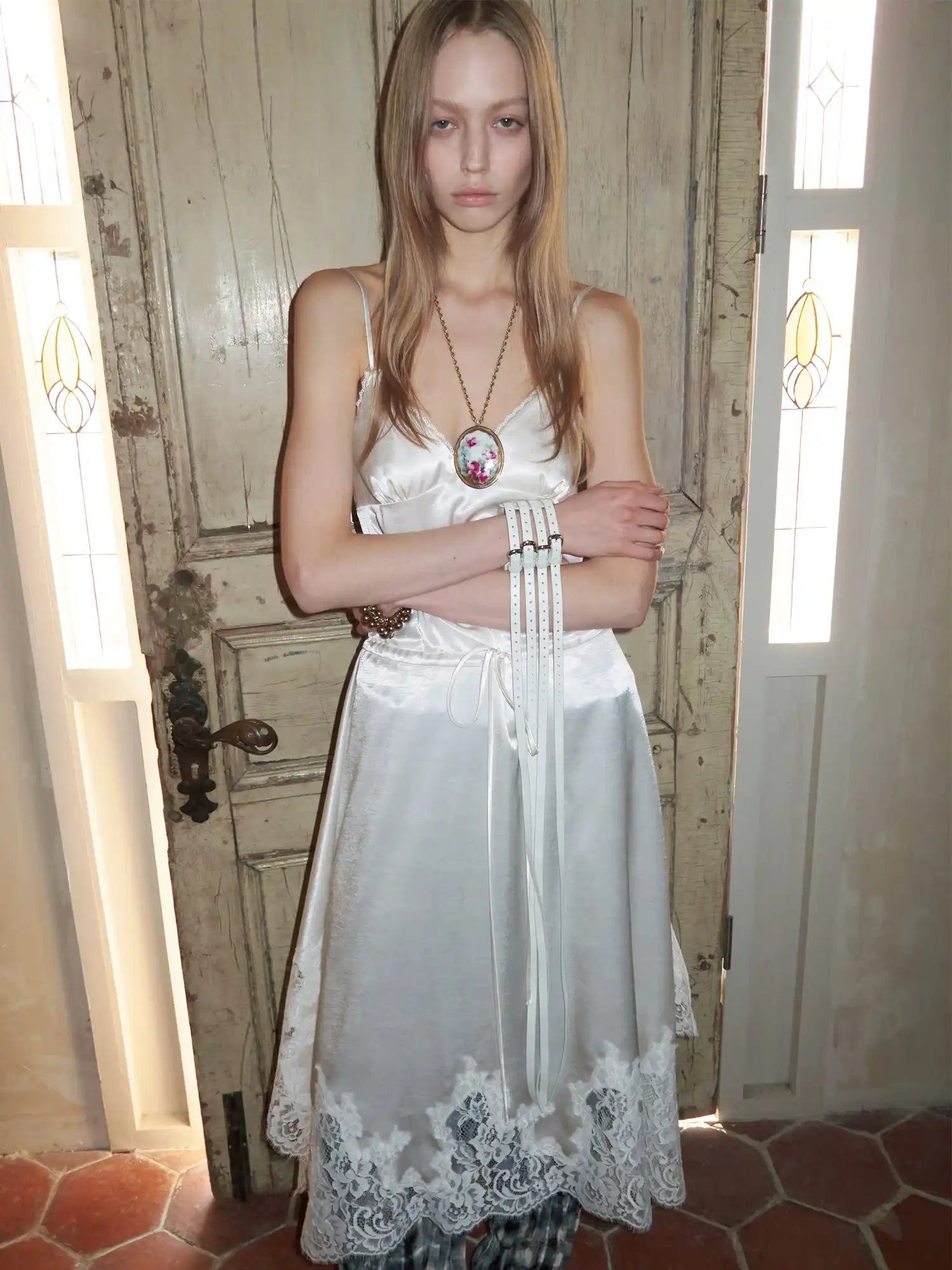 1Jinn Studio Coquette Lace Plaid Asymmetrical Satin Slip Midi Dress | Canton Collective