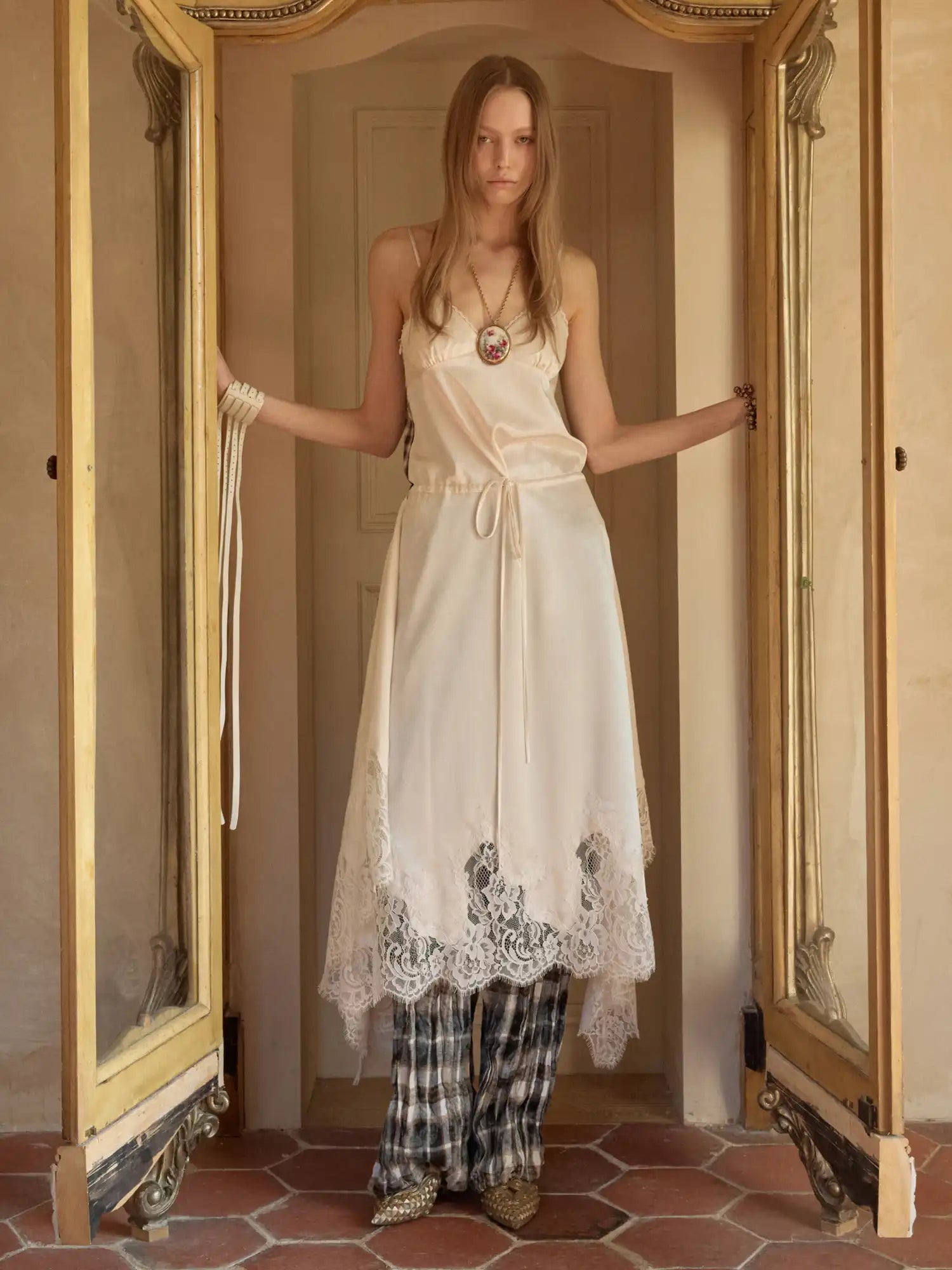 1Jinn Studio Coquette Lace Plaid Asymmetrical Satin Slip Midi Dress | Canton Collective