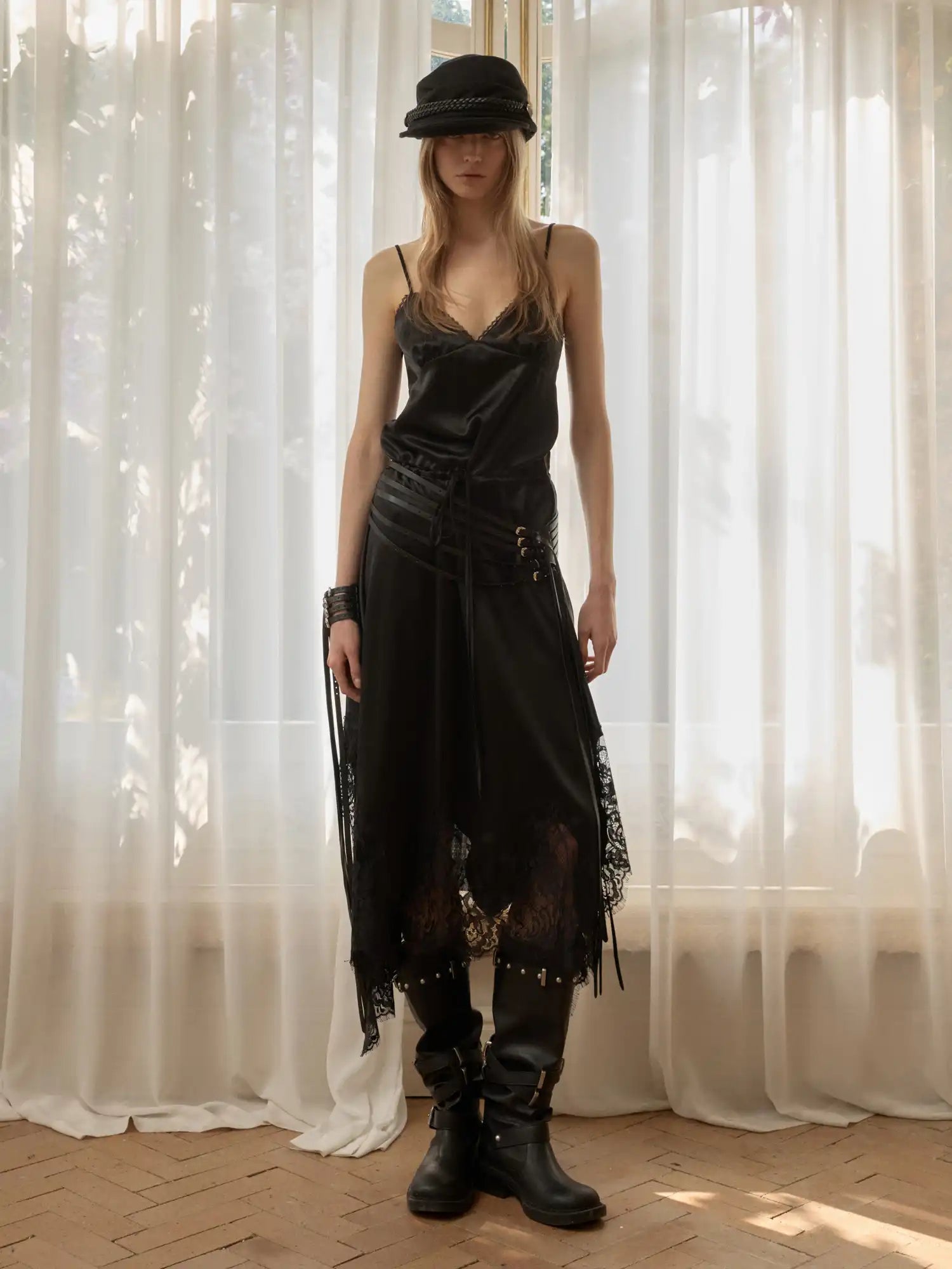 1Jinn Studio Coquette Lace Plaid Asymmetrical Satin Slip Midi Dress | Canton Collective